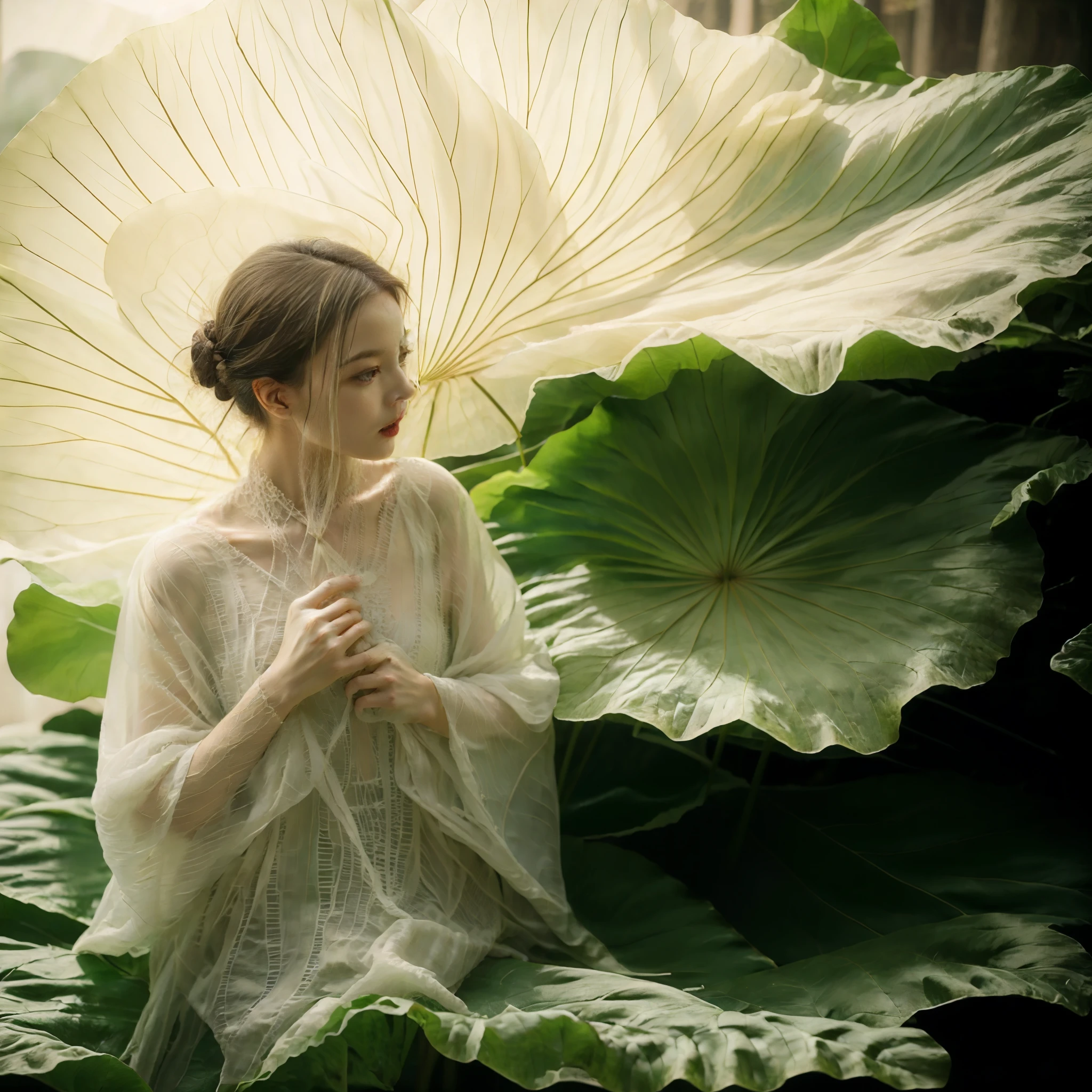 girl，solo，giant lotus leaf，black hair，dress，looking at the audience，
white dress，bun，sitting，单bun，Leaves，long sleeves，red lips，Realistic