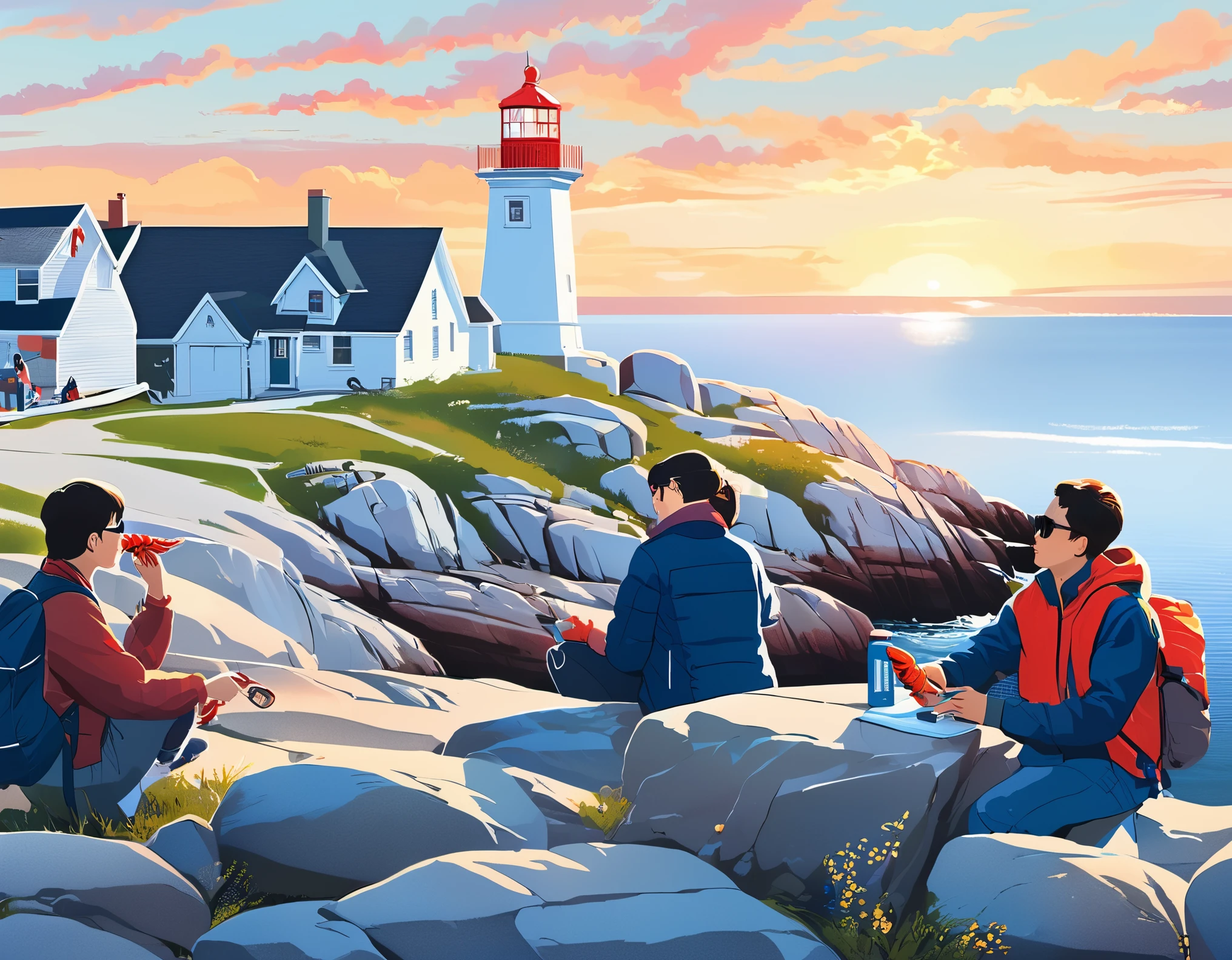 （Three Chinese students are looking at the lighthouse，Happy eating lobster：0.85），Flat hair style，sitting on the embankment，sunglasses，Backpack，cigarette case，Blue jacket and jeans， White tourist shoes，background：Horseshoe-shaped Peggy&#39;s Cove, Canada，There are rocks on both sides，Huge sunset，post office，