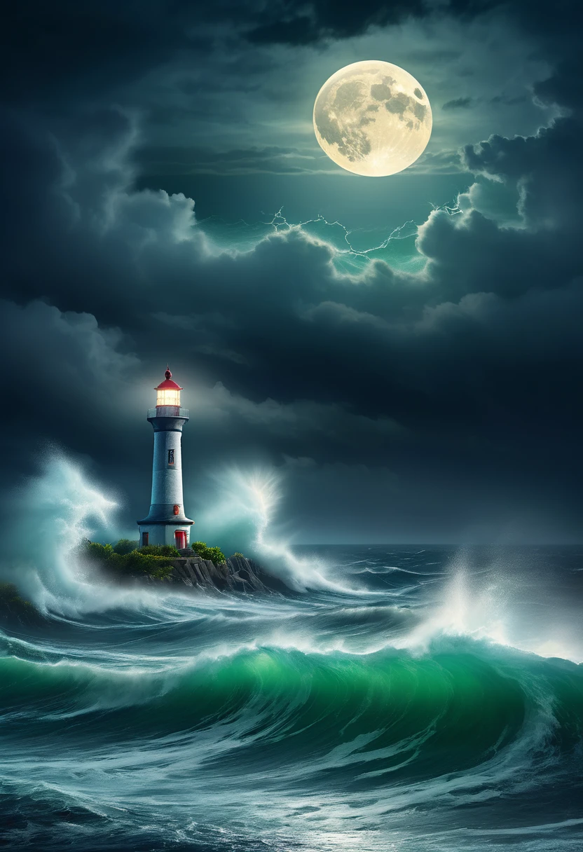 A solitary lighthouse steampunk battling the storm, the light of the full moon illuminating the tumultuous waves, the mystical mist adding an atmosphere of mystery and danger, while lightning rends the night sky, reflective water, ultrahigh definition, 3D depth, inspired by Leonardo da Vinci, Rembrandt, J.M.W. Turne