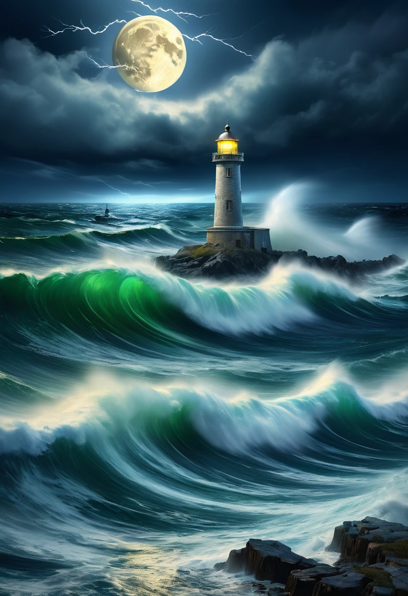 A solitary lighthouse steampunk battling the storm, the light of the full moon illuminating the tumultuous waves, the mystical mist adding an atmosphere of mystery and danger, while lightning rends the night sky, reflective water, ultrahigh definition, 3D depth, inspired by Leonardo da Vinci, Rembrandt, J.M.W. Turne