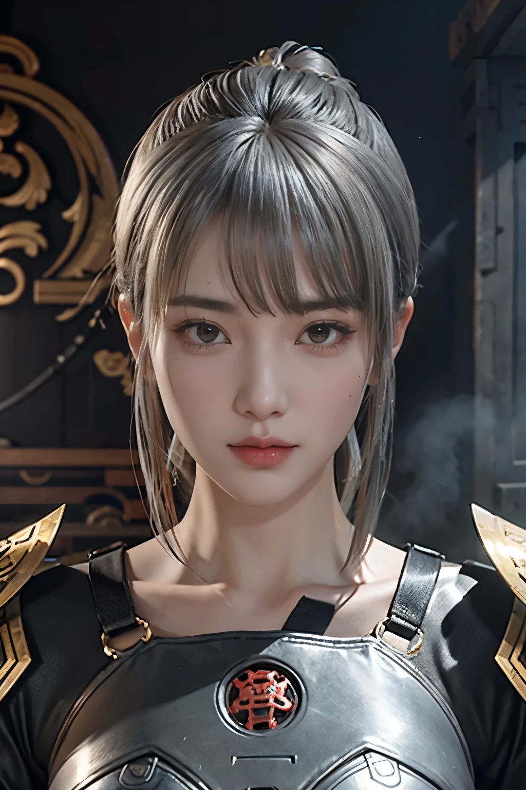 Masterpiece,Game art,The best picture quality,Highest resolution,8K,(Portrait),Unreal Engine 5 rendering works,(Digital Photography),((Portrait Feature:1.5)),
20 year old girl,Short hair details,With long bangs,(The red eye makeup is very meticulous),(With long gray hair:1.4),(Large, full breasts),Elegant and noble,Brave and charming,
(Future armor combined with the characteristics of ancient Chinese armor,Hollow design,Power Armor,The mysterious Eastern runes,A delicate dress pattern,A flash of magic),Warrior of the future,Cyberpunk figures,Background of war,
Movie lights，Ray tracing，Game CG，((3D Unreal Engine))，OC rendering reflection pattern