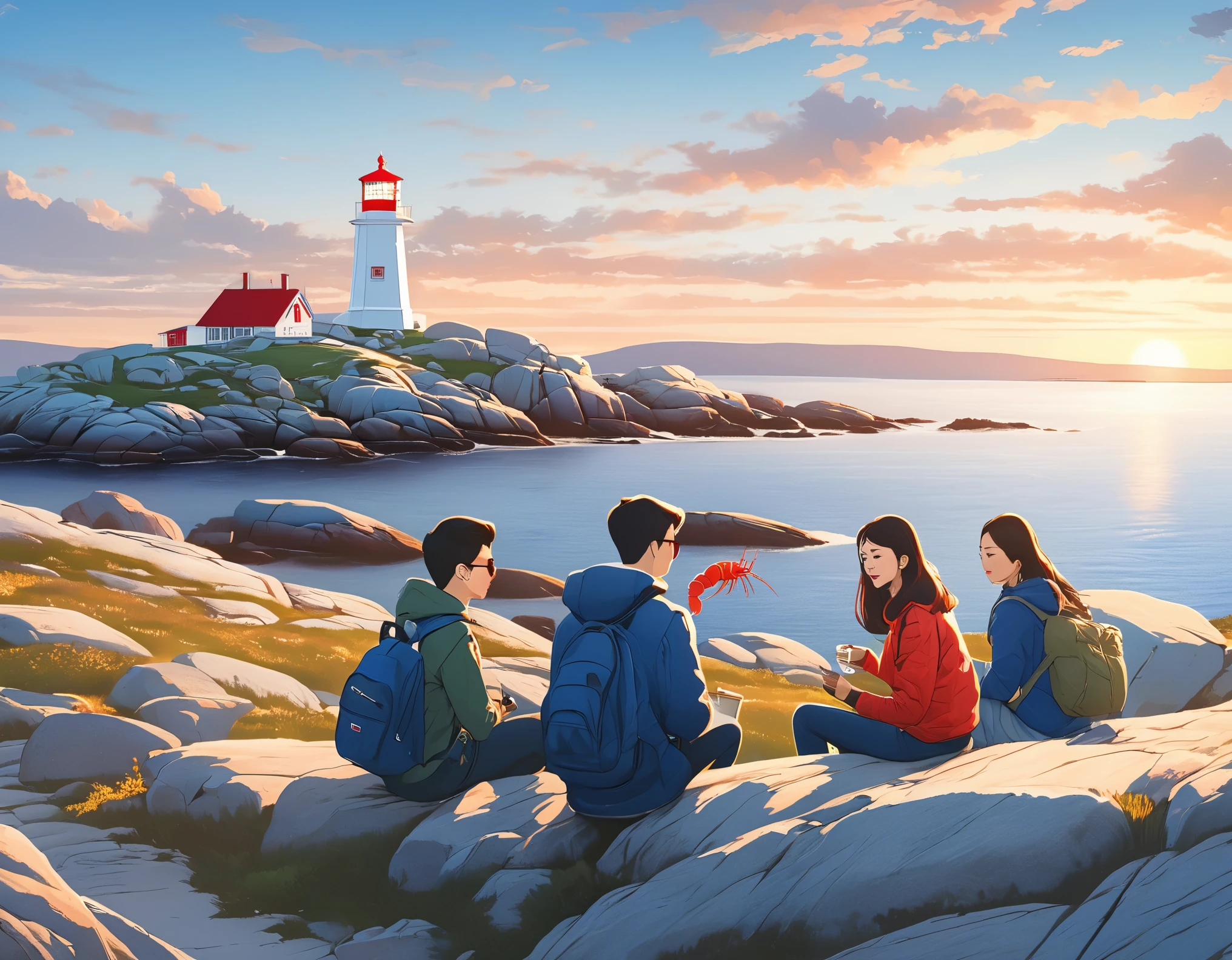 （Three Chinese students are looking at the lighthouse，Happy eating lobster：0.85），Flat hair style，sitting on the embankment，sunglasses，Backpack，cigarette case，Blue jacket and jeans， White tourist shoes，background：Horseshoe-shaped Peggy&#39;s Cove, Canada，There are rocks on both sides，Huge sunset，post office，