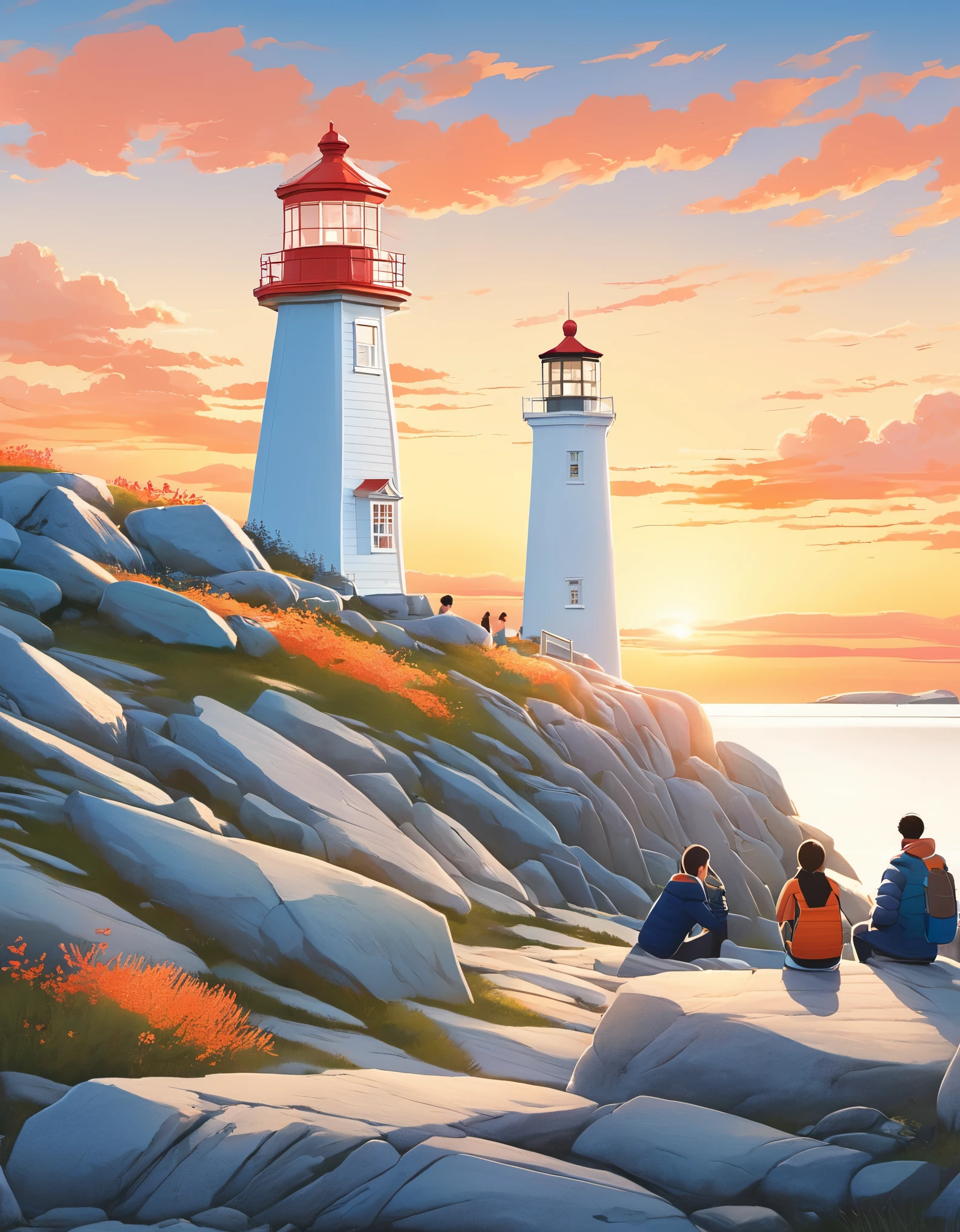 （Three Chinese students are looking at the lighthouse，Happy eating lobster：0.85），sitting on the embankment，sunglasses，Backpack，cigarette case，blue，orange，Jackets and jeans，1 boy and 2 girls， White tourist shoes，background：Horseshoe-shaped Peggy&#39;s Cove, Canada，There are rocks on both sides，Huge sunset，post office，