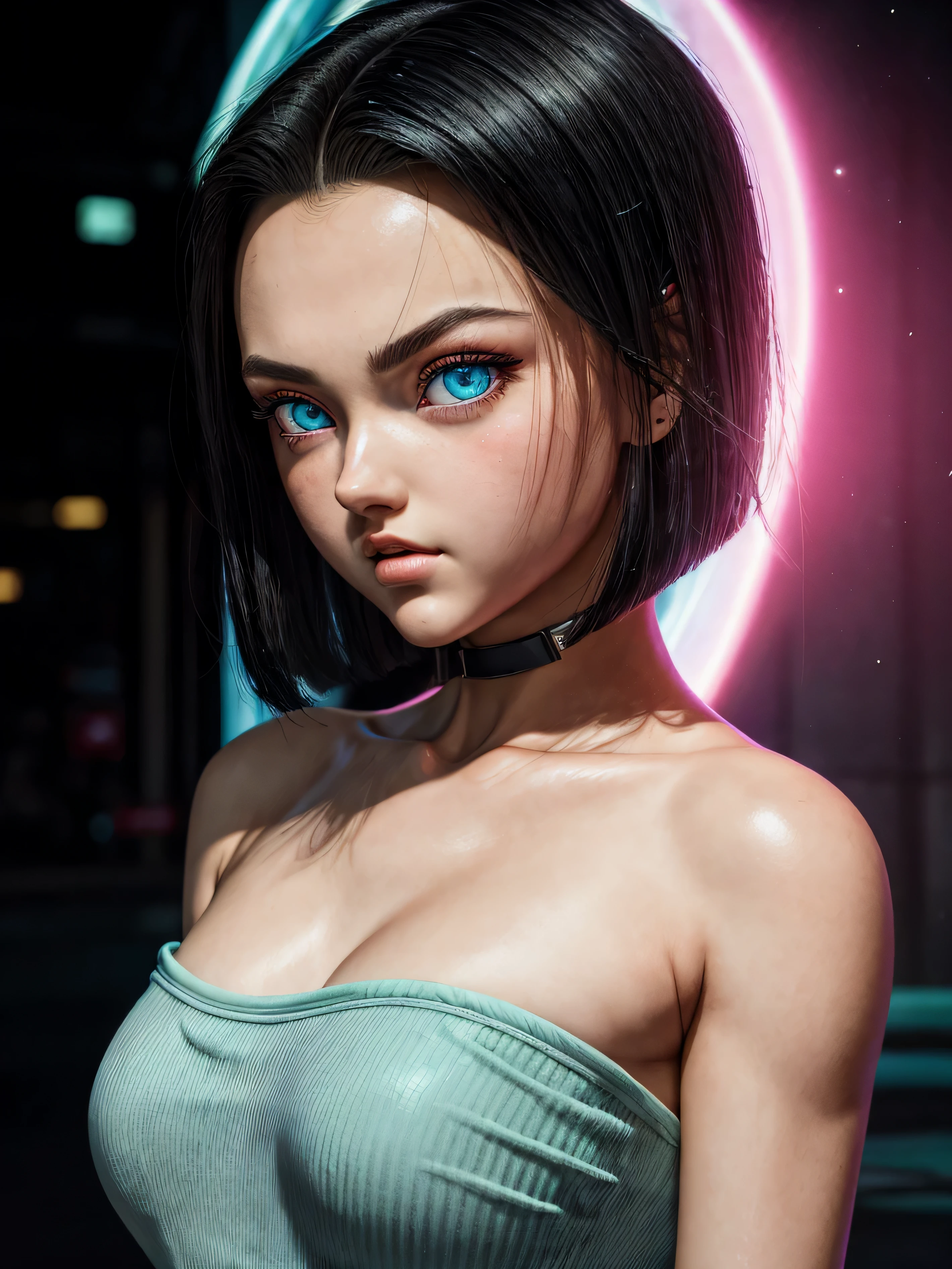 An exquisite masterpiece of top quality and high resolution featuring Marnie. Big sleepy eyes, Aqua eyes、Glowing under the dim light. black short hair, only head and shoulders, magazine style, pink top, russian girl, hyperrealistic. Android 17
