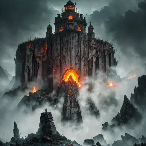 In the setting of warhammer fantasy, the Orcs have built a ramshackle jagged lighthouse made of scrap metal and stone, a pyre bl...