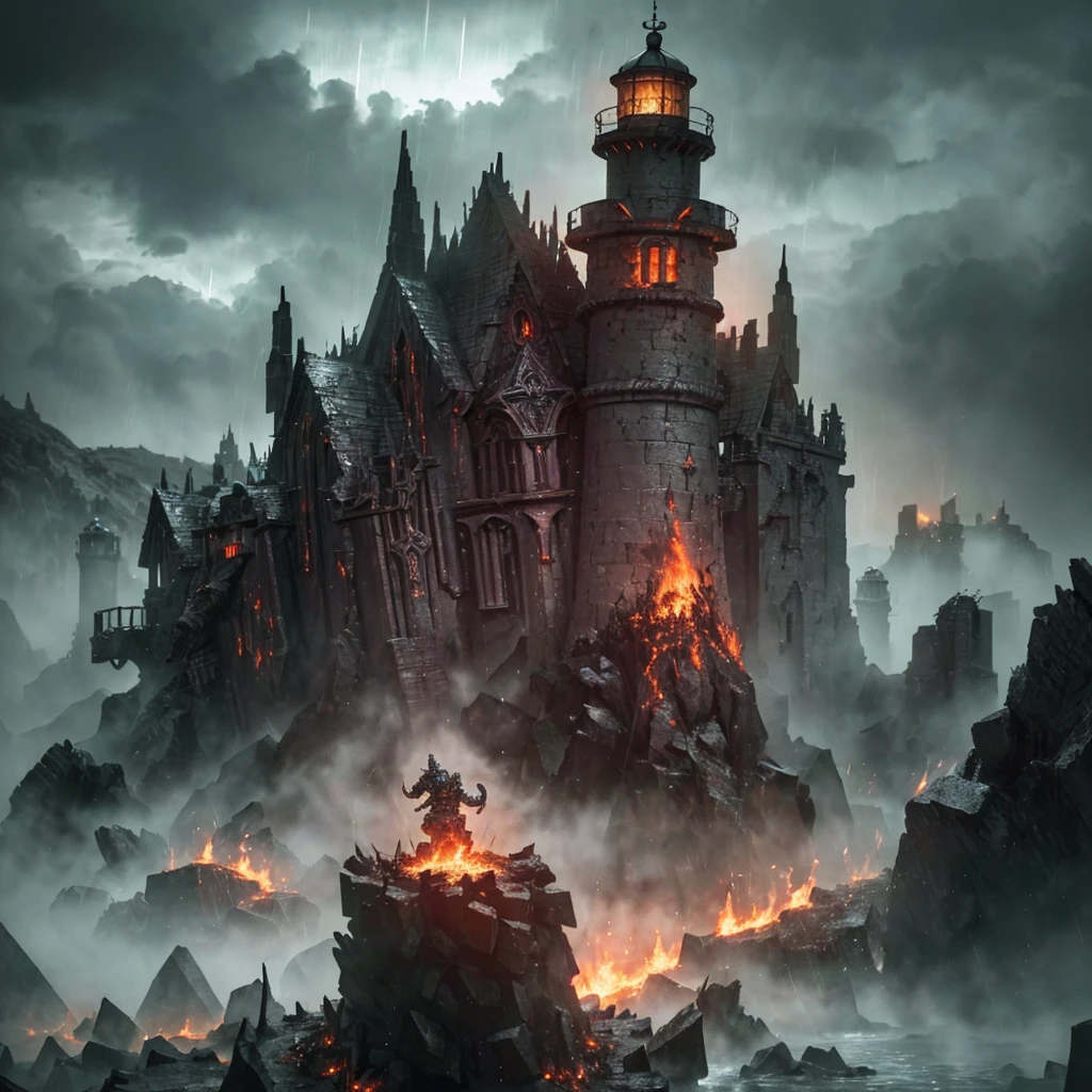 In the setting of warhammer fantasy, the Orcs have built a ramshackle jagged lighthouse made of scrap metal and stone, a pyre blazes at its top. It is a dark stormy night. (best quality,4k,8k,highres,masterpiece:1.2), ultra-detailed, (realistic,photorealistic,photo-realistic:1.37), HDR, UHD, studio lighting, extreme detail description, professional, vivid colors, bokeh, Physically-based rendering, sharp focus Orcs, warhammer fantasy, jagged lighthouse, scrap metal, stone, pyre, dark stormy night, eerie atmosphere, thunder and lightning, rain pouring down, billowing dark clouds, waves crashing, wind howling, ominous shadows, ominous sounds, heavy raindrops, wet ground, flickering flames, crackling fire, sparks flying, smoke rising, chaotic surroundings, rugged structure, rusty metal, weathered stone, dramatic composition, dynamic perspective, powerful silhouette, intimidating presence, rough textures, gritty details, haunting ambience, menacing feel, dangerous environment, thrilling adventure, sinister vibe, epic fantasy Keep in mind that the prompt should follow the specified format and not include any explanations or additional sentences. Make sure to arrange the tags in order of importance and consider incorporating relevant details or elements to create a vivid and captivating image.