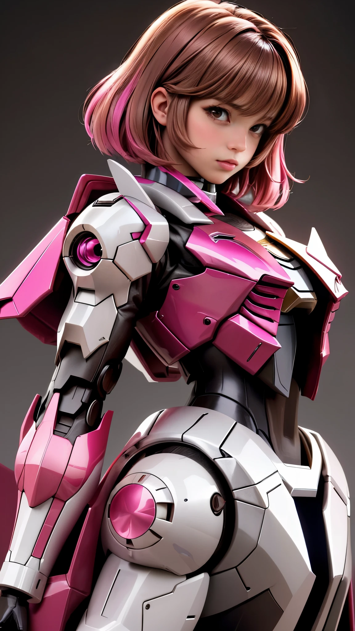 Photo of two realistic black Sazabi girls，Shortcut Bob Cut，I have a lot of hair，brown eyes，Hair color is bright pink，cool look，background is gray，16 year old daughter of Haman Khan and Char Aznable.