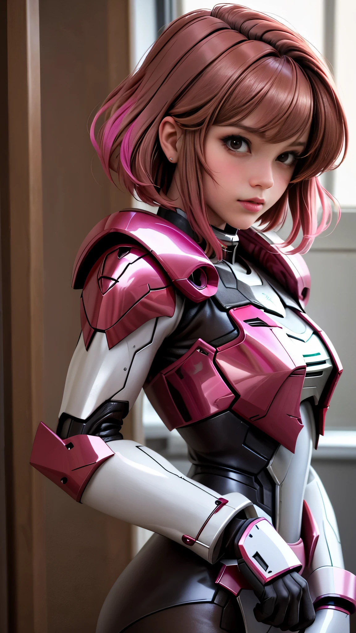 Photo of two realistic black Sazabi girls，Shortcut Bob Cut，I have a lot of hair，brown eyes，Hair color is bright pink，cool look，background is gray，16 year old daughter of Haman Khan and Char Aznable.