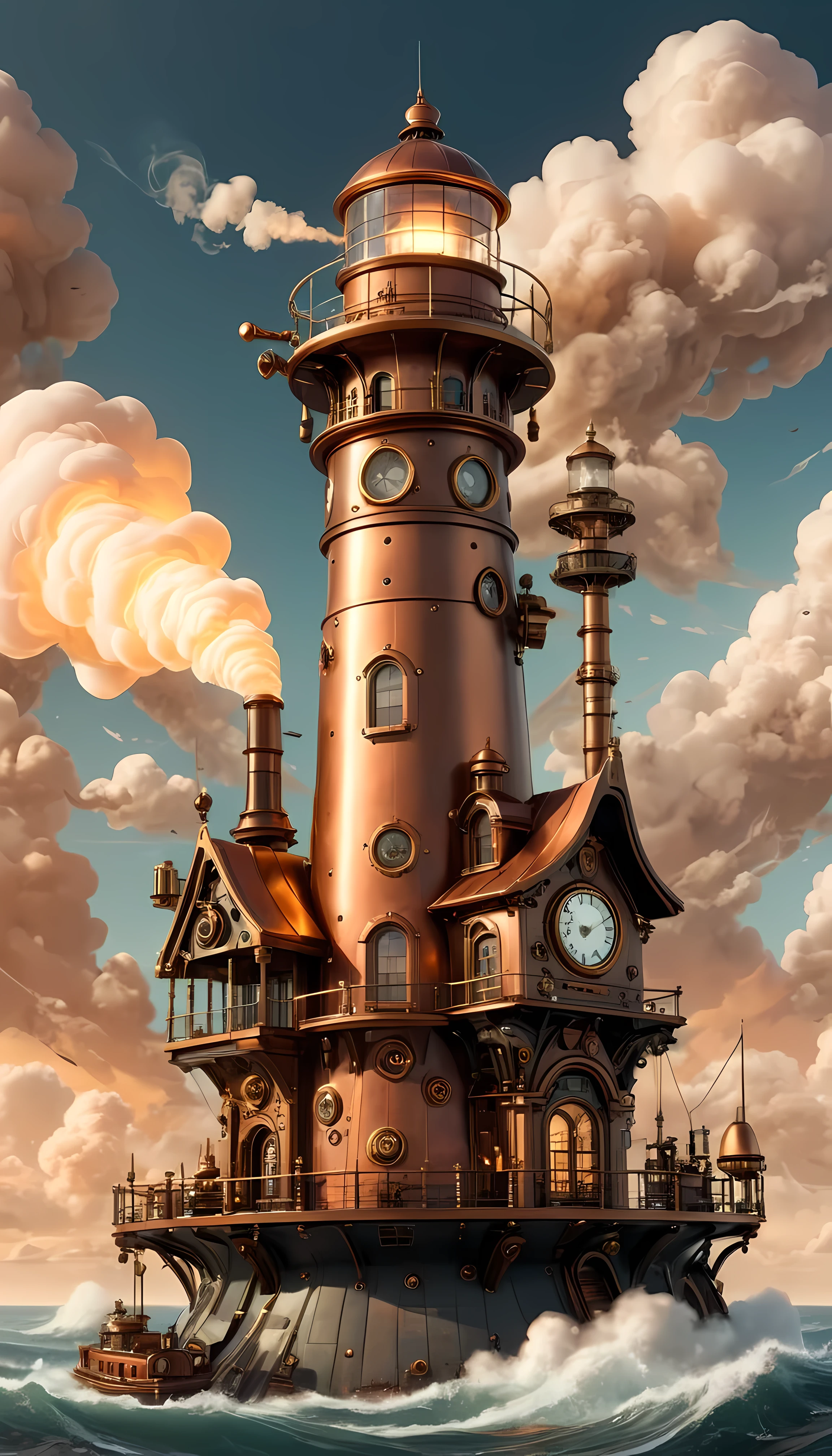 CuteCartoonAF, Cute Cartoon, masterpiece in maximum 16K resolution, superb quality, a steampunk lighthouse featuring a towering structure with brass and copper elements, intricate clockwork mechanisms, warm glowing light, billowing steam clouds, nautical touches, and a weathered look, rich metallic color palette, fine linework and embellishments, retro-futuristic design. | ((More_Detail))