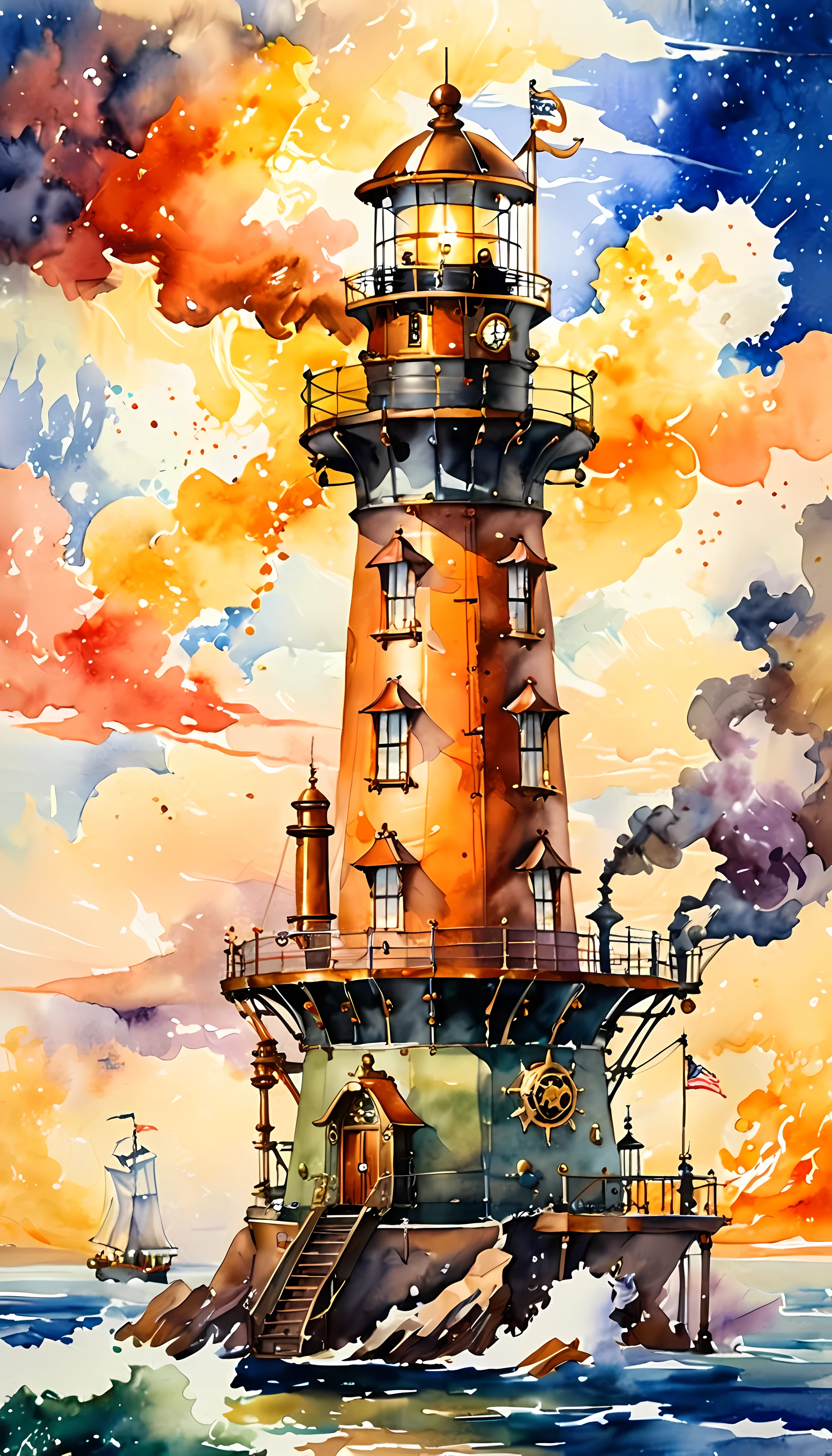 Aquarellmalerei, Meisterwerk in maximaler 16K-Auflösung, hervorragende Qualität, ein Steampunk-Leuchtturm mit einer hoch aufragenden Struktur mit Messing- und Kupferelementen, komplizierte Uhrwerke, warmes leuchtendes Licht, aufsteigende Dampfwolken, nautische Akzente, und ein verwittertes Aussehen, rich metallic color palette, feine Linienführung und Verzierungen, Retro-futuristisches Design. | ((Mehr_Detail))