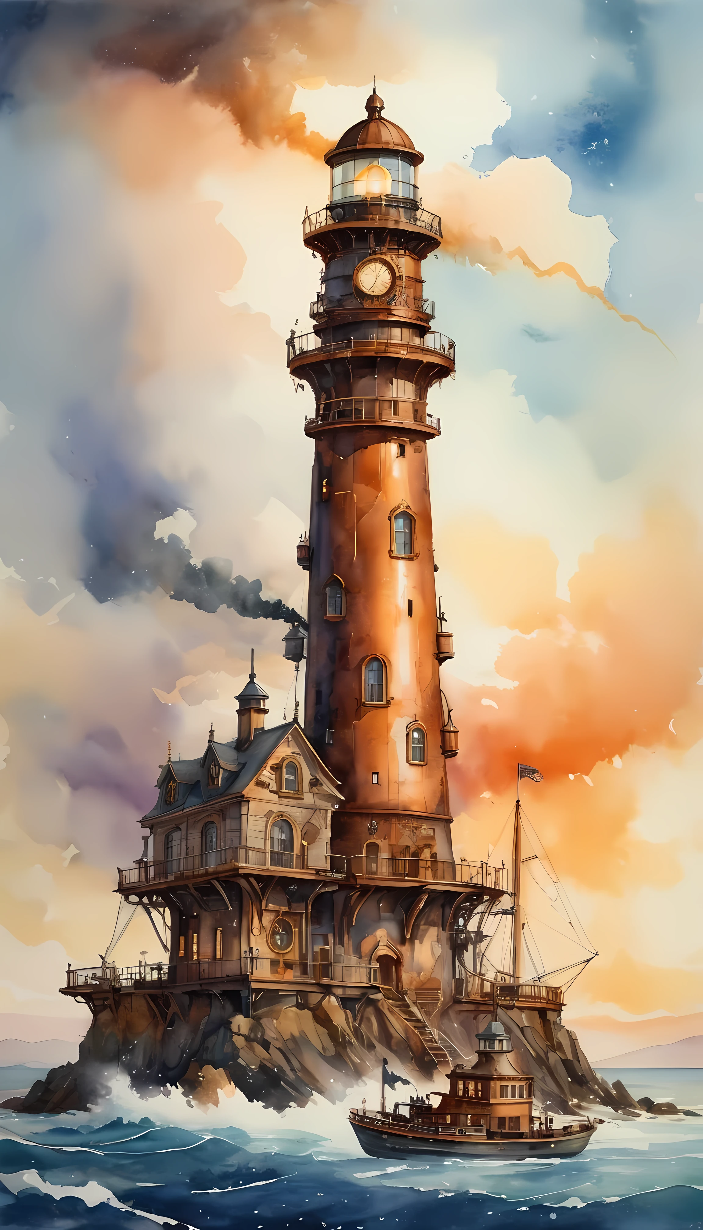 CuteCartoonAF, Cute Cartoon, masterpiece in maximum 16K resolution, superb quality, a steampunk lighthouse featuring a towering structure with brass and copper elements, intricate clockwork mechanisms, warm glowing light, billowing steam clouds, nautical touches, and a weathered look, rich metallic color palette, fine linework and embellishments, retro-futuristic design. | ((More_Detail))