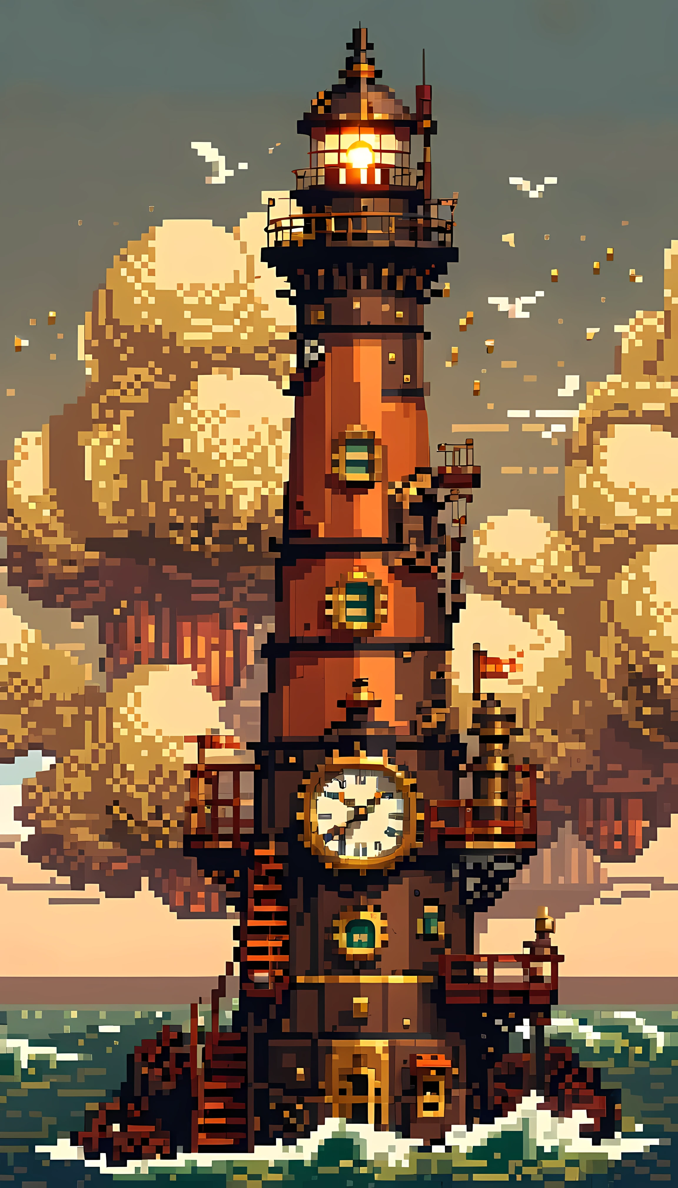 Pixel art, masterpiece in maximum 16K resolution, superb quality, a steampunk lighthouse featuring a towering structure with brass and copper elements, intricate clockwork mechanisms, warm glowing light, billowing steam clouds, nautical touches, and a weathered look, rich metallic color palette, fine linework and embellishments, retro-futuristic design. | ((More_Detail))