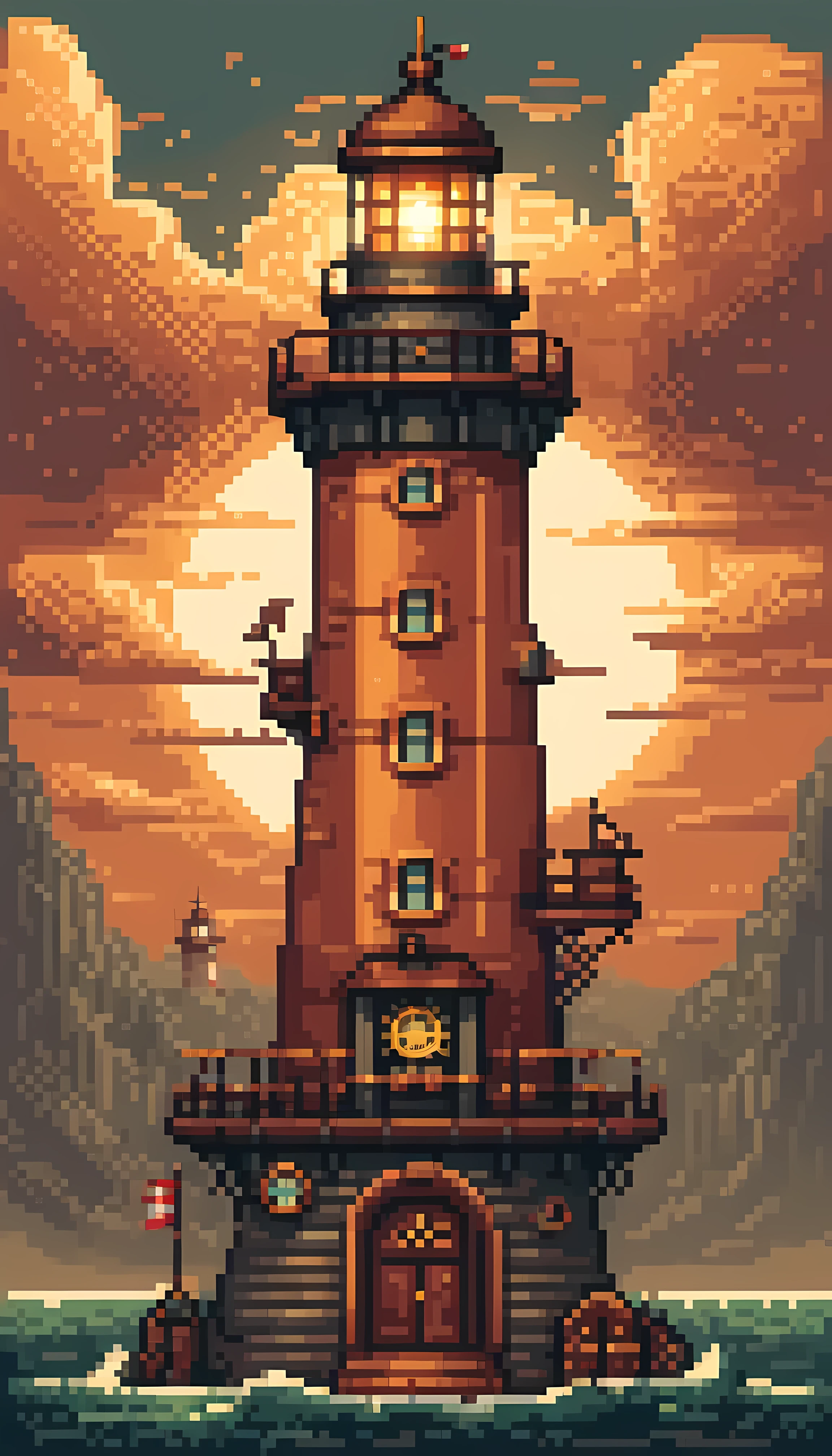 Pixel art, masterpiece in maximum 16K resolution, superb quality, a steampunk lighthouse featuring a towering structure with brass and copper elements, intricate clockwork mechanisms, warm glowing light, billowing steam clouds, nautical touches, and a weathered look, rich metallic color palette, fine linework and embellishments, retro-futuristic design. | ((More_Detail))