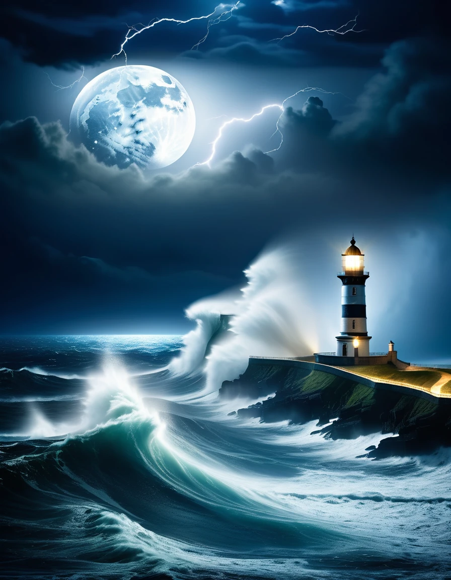 A solitary lighthouse steampunk battling the storm, the light of the full moon illuminating the tumultuous waves, the mystical mist adding an atmosphere of mystery and danger, while lightning rends the night sky, reflective water, ultrahigh definition, 3D depth, inspired by Leonardo da Vinci, Rembrandt, J.M.W. Turne