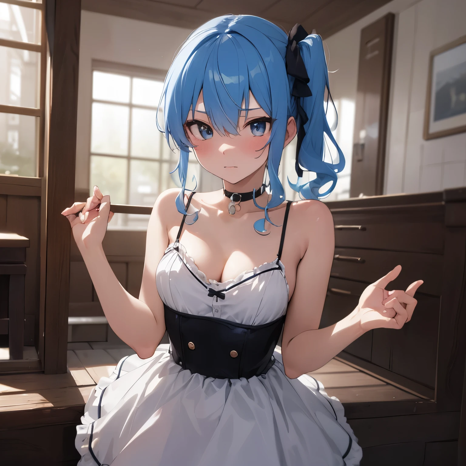 hoshimachi suisei,blue eyes,blue hair,choker,hair between eyes,medium hair,side ponytail,スターchoker,1 girl,highest quality, High resolution,(thin and beautiful eyes:1.6),(perfect hands, perfect anatomy),(((masterpiece))),((highest quality)),shyness,troubled face,blush,whole body,negligee,cleavage,,nipple,thin waist,streaks,indoor