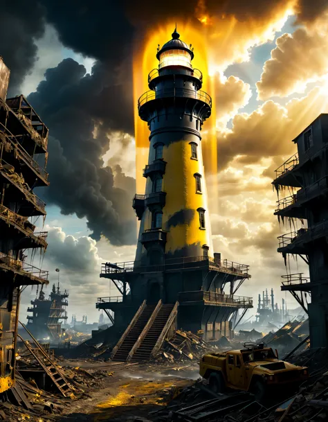 (Огромный lighthouse надежды рассеивает тьму:1.5) apocalypse with its (((powerful bright yellow rays))), Post-apocalyptic world ...