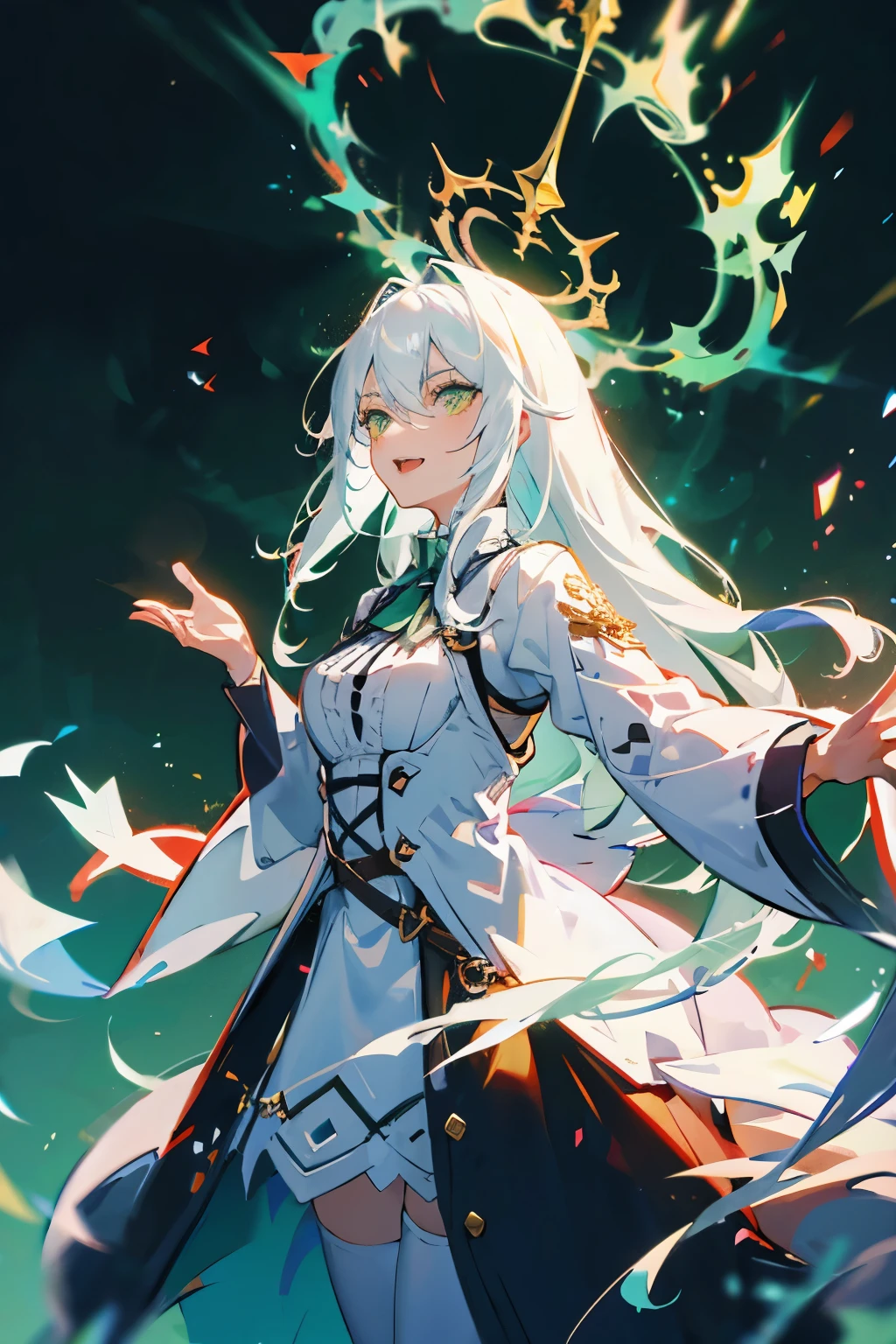(ultra-detailed, perfect pixel, highres, best quality, beautiful eyes finely detailed), female, witch, full of magic aura, smirk facial expression, sharp green eye color (glowing green eyes), white hair, long hair, black middle age outfit, witch point hat, elegant, the background is full of magical particles. lens flare, glowing light, reflection light, motion blur, 8k, super detail, accurate, best quality, Ray tracing.