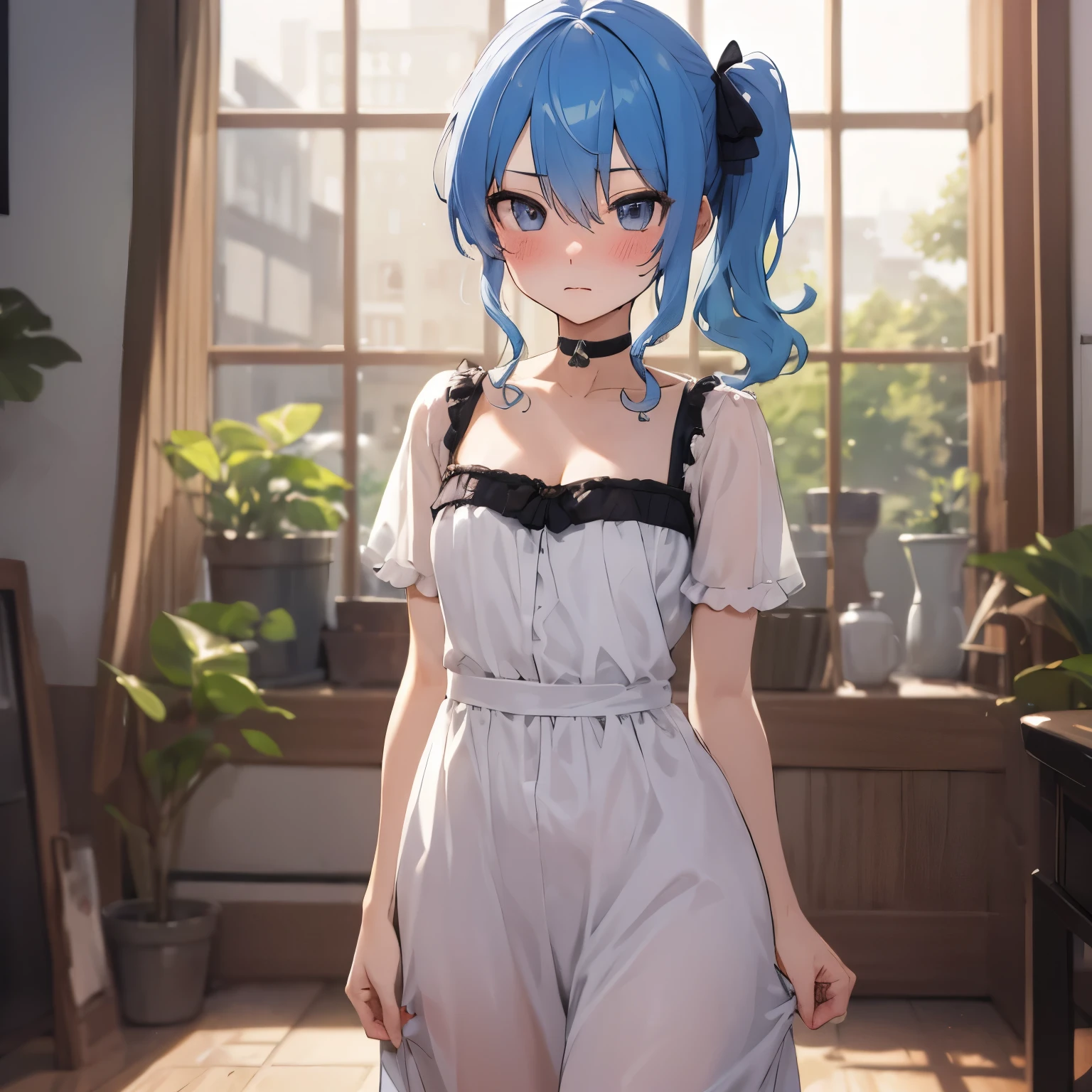 hoshimachi suisei,blue eyes,blue hair,choker,hair between eyes,medium hair,side ponytail,スターchoker,1 girl,highest quality, High resolution,(thin and beautiful eyes:1.6),(perfect hands, perfect anatomy),(((masterpiece))),((highest quality)),shyness,troubled face,blush,whole body,high quality nightgown,cleavage,,thin waist,indoor