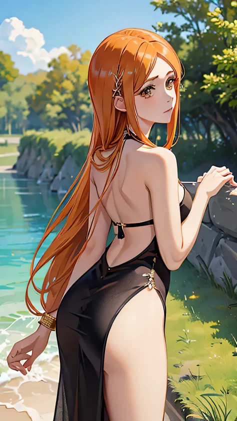 orihime in sexy halter hollow out backless chain fishtail lingerie dress⁠ with gold