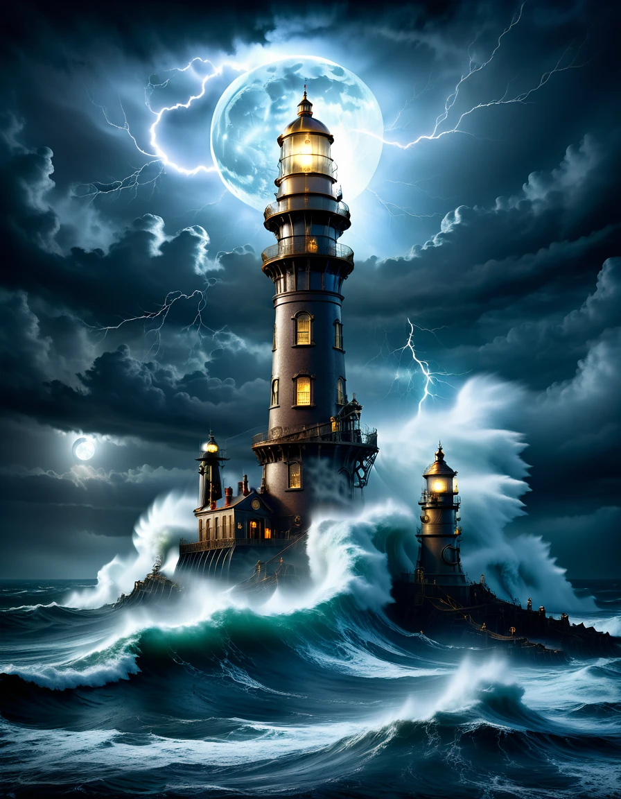 A solitary lighthouse steampunk battling the storm, the light of the full moon illuminating the tumultuous waves, the mystical mist adding an atmosphere of mystery and danger, while lightning rends the night sky, reflective water, ultrahigh definition, 3D depth, inspired by Leonardo da Vinci, Rembrandt, J.M.W. Turne