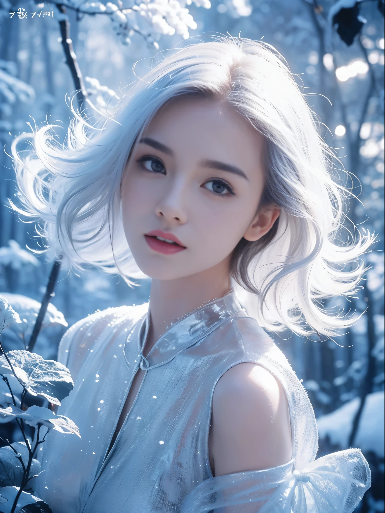 (((masterpiece))), best quality, illustration, 4k wallpaper, movie lighting, absurd, 1 girl,(snow,ice), snow花, in winter, white hair, shiny hair, curls, transparent clothes, frills, lace, wet clothes, leave_Shoulder, hair tie,masterpiece, telephoto lens, absurd, Exquisite facial features，record，Poster composition，pose elegantly，，Natural light，soft light，（Seven-part combination） ，epic，Dreamy and magical，mystery