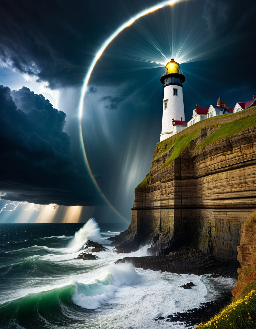 Lighthouse on cliff, solar halo and storm merge, dramatic contrast, textured lighthouse, stormy sky, ultrahigh definition, 3D depth, inspired by Leonardo da Vinci, Rembrandt, J.M.W. Turne