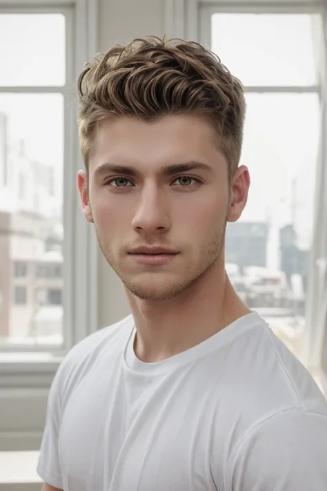 arafed young man in white shirt standing in front of a window, headshot profile picture, perfect face and boy, headshot photogra...