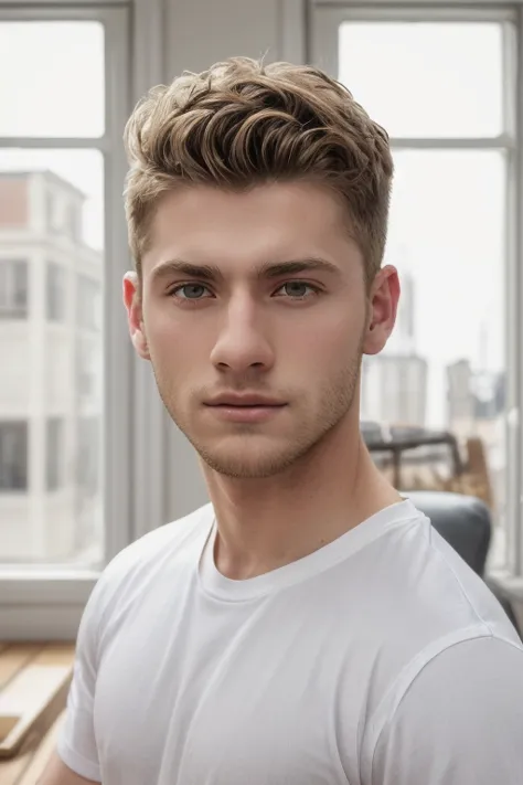 arafed young man in white shirt standing in front of a window, headshot profile picture, perfect face and boy, headshot photogra...