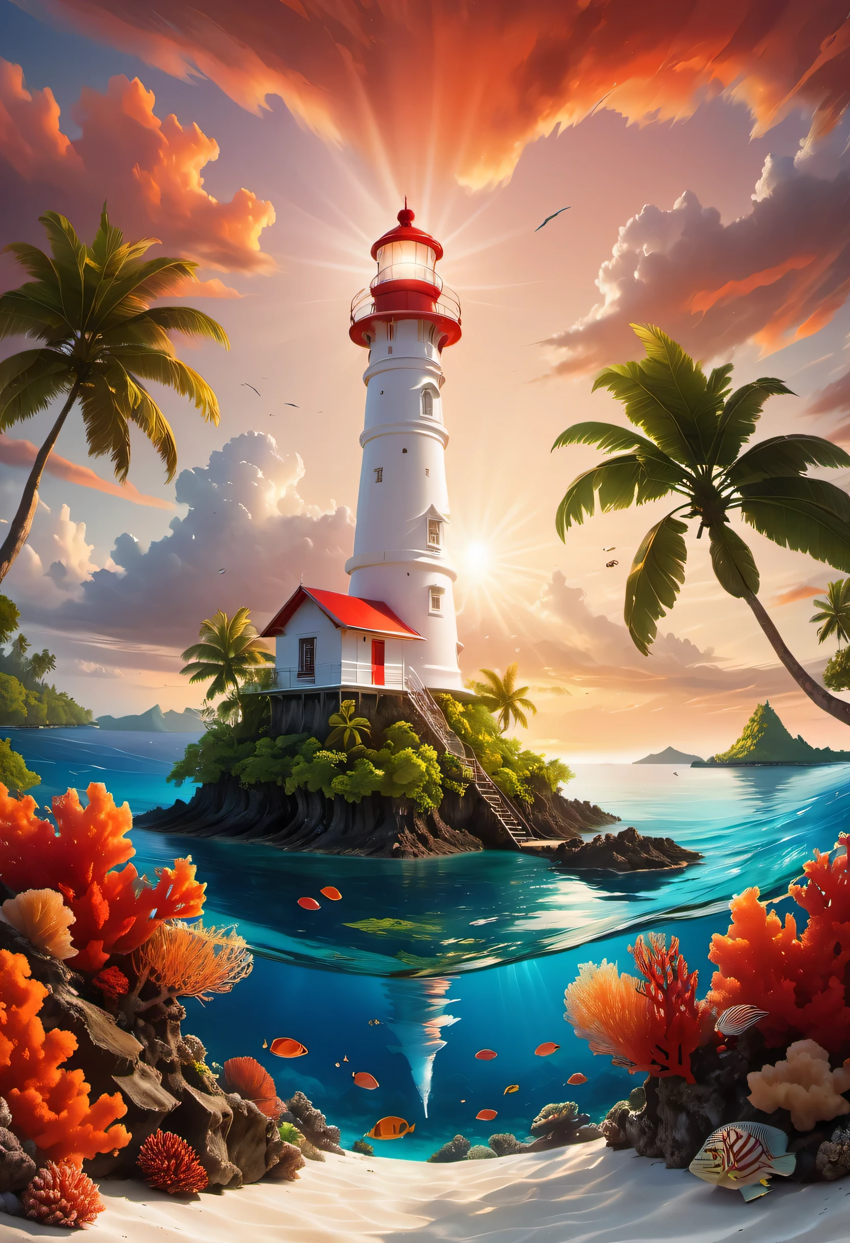 lighthouse, ミクロネシアの小さな島に建てられたlighthouse, clear, calm sea, white and red coral reef, tropical fish, Best configuration, sunset, Orange sky