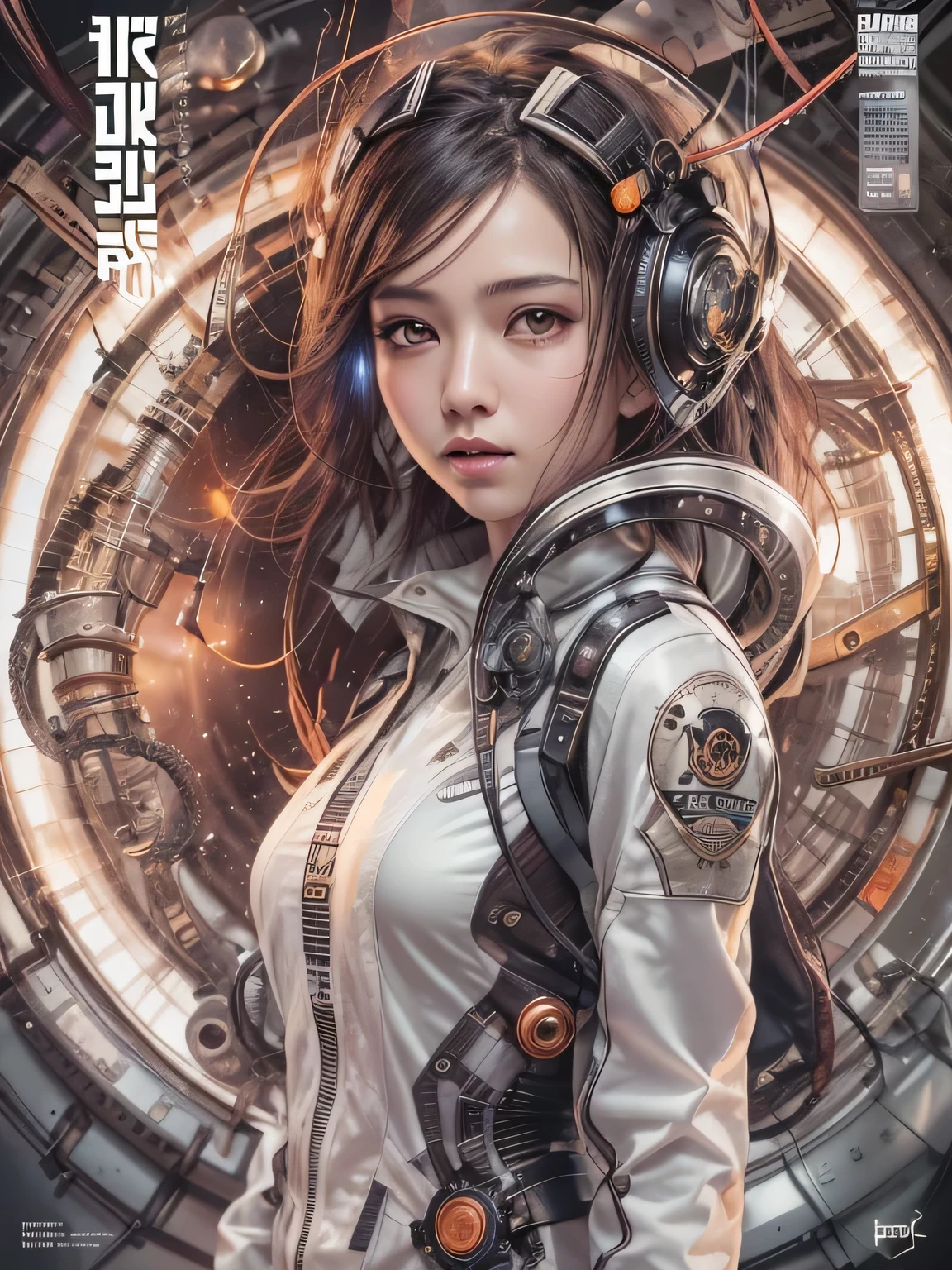 cover comic magazine, expressive, Light, beautiful:1.2, technical clothing, Mechanical, cable, gear, boundary, Fractal, art station, CG settings, Arte Carlos Melilla