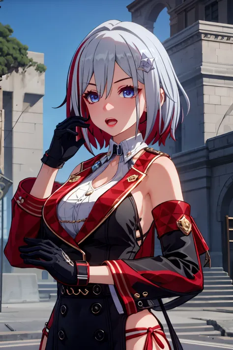 tuopa
1girl
bangs
black gloves
breasts
eyebrows visible through hair
gloves
hair between eyes
hair ornament
looking at viewer
multicolored hair
open mouth
outdoors
parted lips
red hair
rubble
ruins
short hair
silver hair
solo
streaked hair
upper body