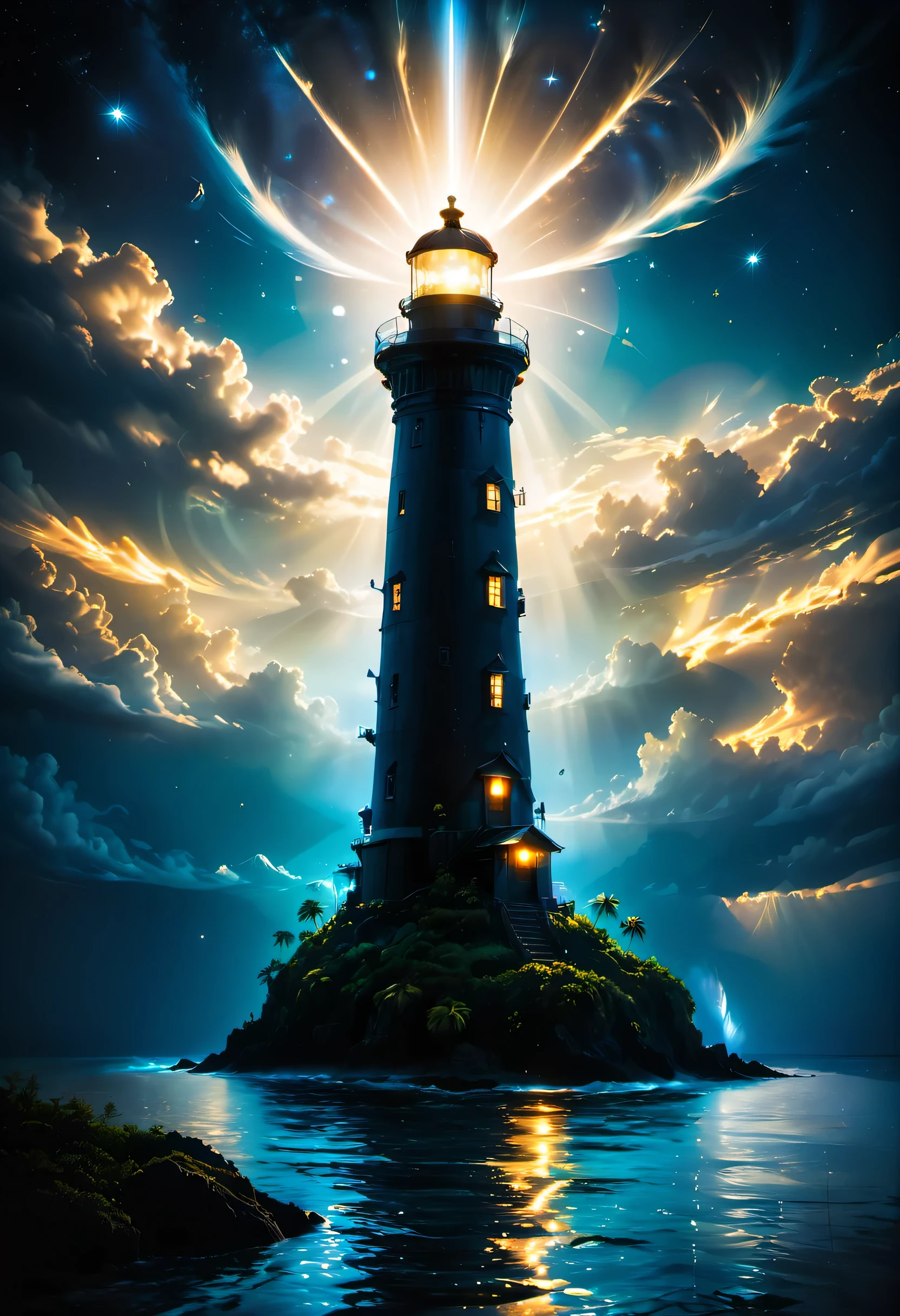 lighthouse, A lighthouse built on a small island in Micronesia, The intense light of the lighthouse spreads horizontally, Lens flare, crystal clear sea, calm sea, Best configuration, night, performer, dark