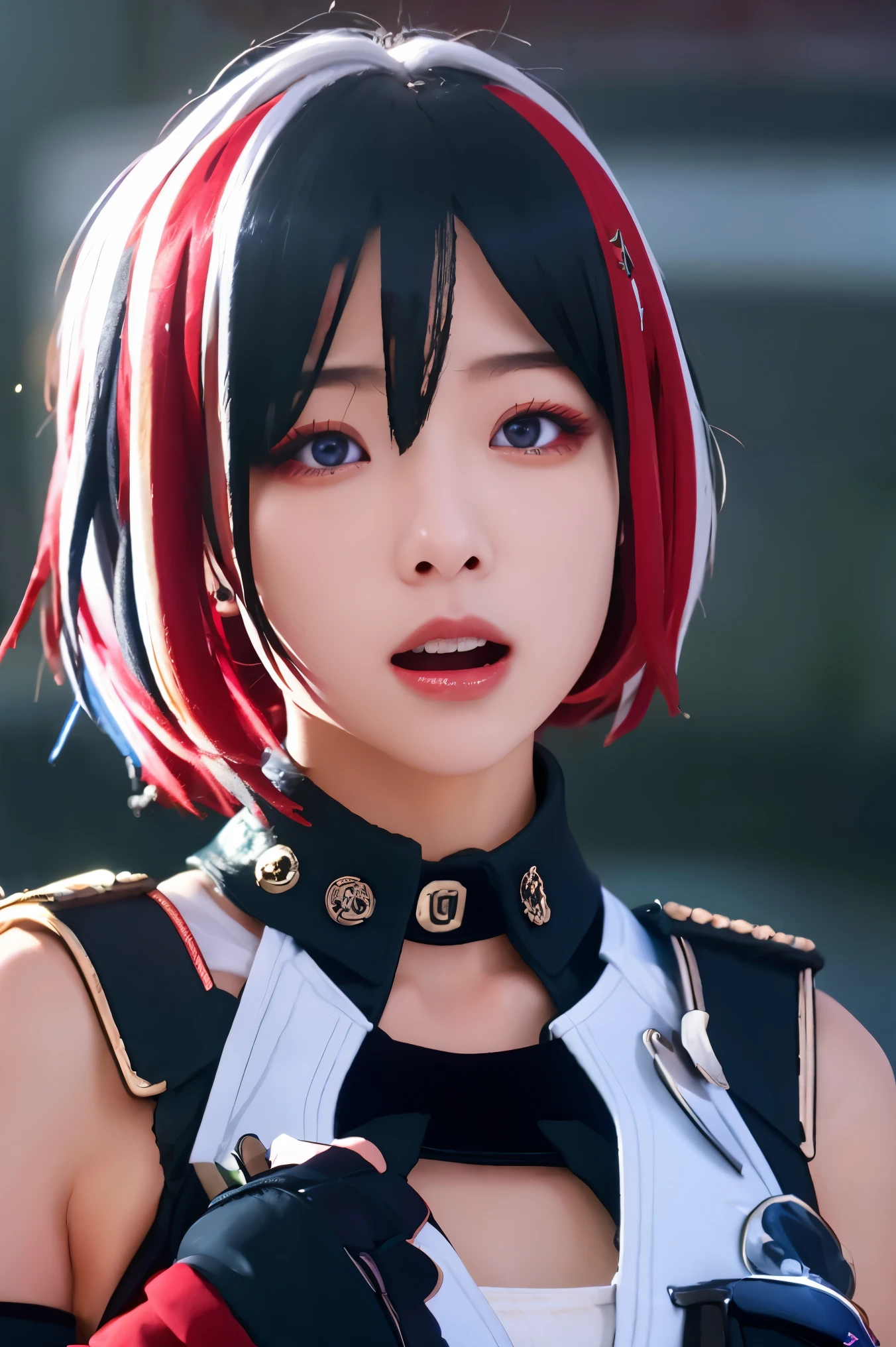 tuopa
1girl
bangs
black gloves
breasts
eyebrows visible through hair
gloves
hair between eyes
hair ornament
looking at viewer
multicolored hair
open mouth
outdoors
parted lips
red hair
rubble
ruins
short hair
silver hair
solo
streaked hair
upper body