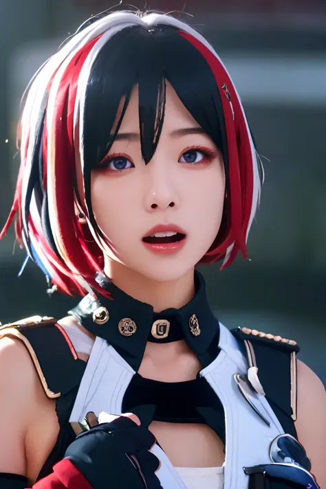 tuopa
1girl
bangs
black gloves
breasts
eyebrows visible through hair
gloves
hair between eyes
hair ornament
looking at viewer
multicolored hair
open mouth
outdoors
parted lips
red hair
rubble
ruins
short hair
silver hair
solo
streaked hair
upper body