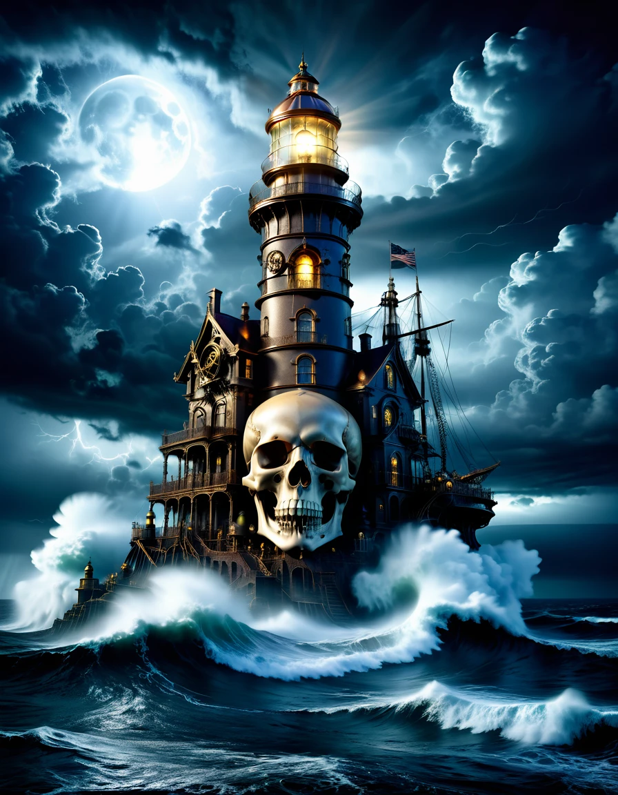 A solitary lighthouse steampunk battling the storm, the light of the full moon illuminating the tumultuous waves, ((the clouds in the sky form a magnificent skull:1.5)), ((the mystical mist form a magnificent skull)) adding an atmosphere of mystery and danger, while lightning rends the night sky, reflective water, ultrahigh definition, 3D depth, inspired by Leonardo da Vinci, Rembrandt, J.M.W. Turne