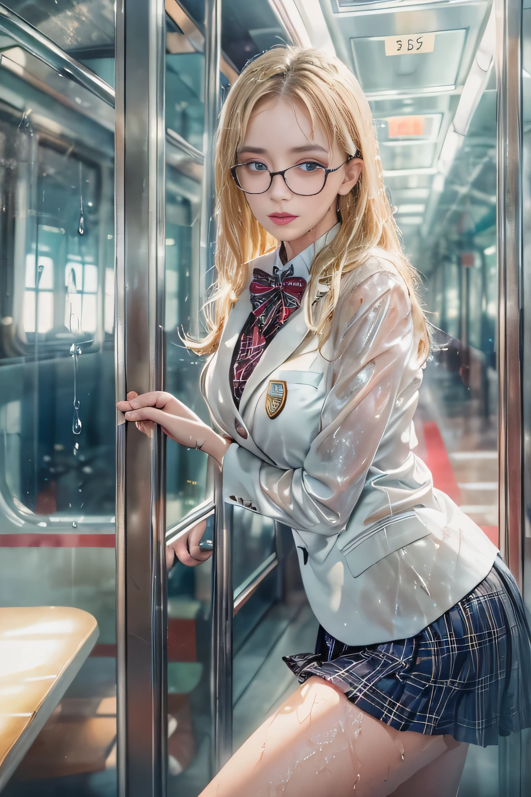 (( on the train door))、((wet white blazer)),((translucent wet white blouse、red bow tie、dark blue checked skirt)).((No bra)) ,(nipple),40k, photograph, table top, highest quality, rain pattern background, (( Gorgeous wet blonde girl with beautiful eyes, she wears glasses on her beautiful face, )). white skin, various poses.((medium sized breasts,:1.1)), highest quality, table top, ultra high resolution, (realistic:1.4), RAWphotograph, (perfect body shape), (slim:1.3), slimなお腹, Perfect slim figure, dynamic pose, (((big :0.9))), alone, Cold light 12000K, very detailed facial and skin texture, fine eyes, realistic eyes, fine and beautiful eyes, (realistic skin), charm, 超A high resolution, 超realistic, very detailed,((she is soaking wet))、(())、((Rear view)),((look back))、