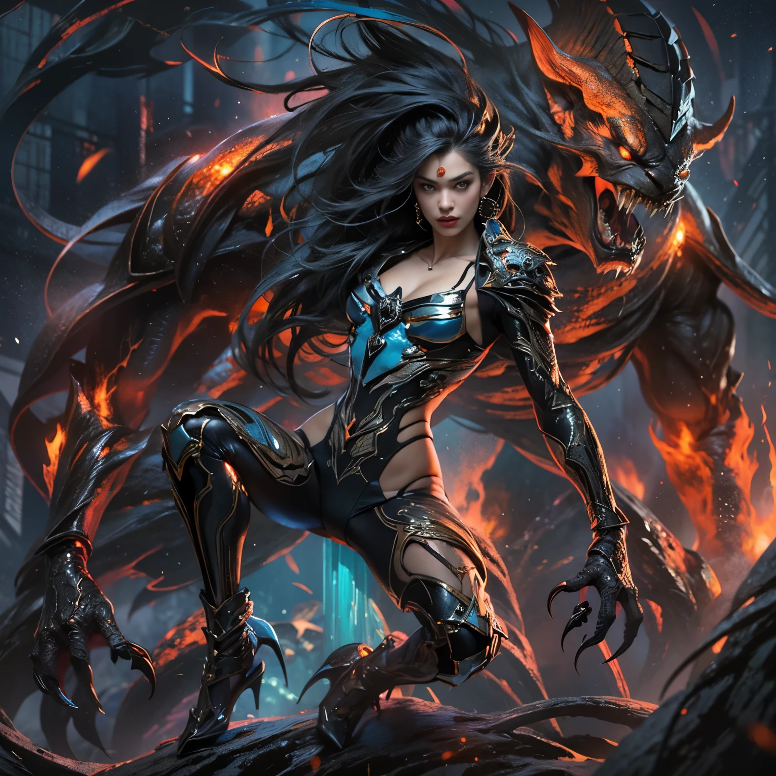 A female alien predator, of exquisite beauty beyond comparison, her intense gaze fixed on her prey with a hunter's focus, her long dark claws poised to strike. Her lean, muscular body was a sight to behold, every inch of her hyper-detailed figure exuding energy and raw power. Her shining sky blue orange eyes, the most beautiful in the universe, framed by thick eyebrows, shimmered with an otherworldly allure. Her jet black hair, symmetrically arranged, glistened under the rich colorful lights that illuminated her surroundings. Her eyes, highly detailed and full of life, held a seductive, alluring gaze that was both entrancing and intimid