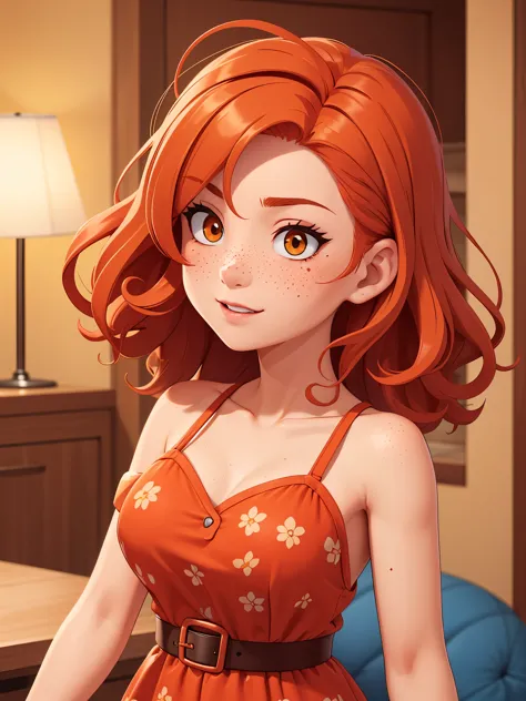 a close up of a woman with red hair and a floral dress, copper hair, short copper hair, copper short hair, red hair and attracti...