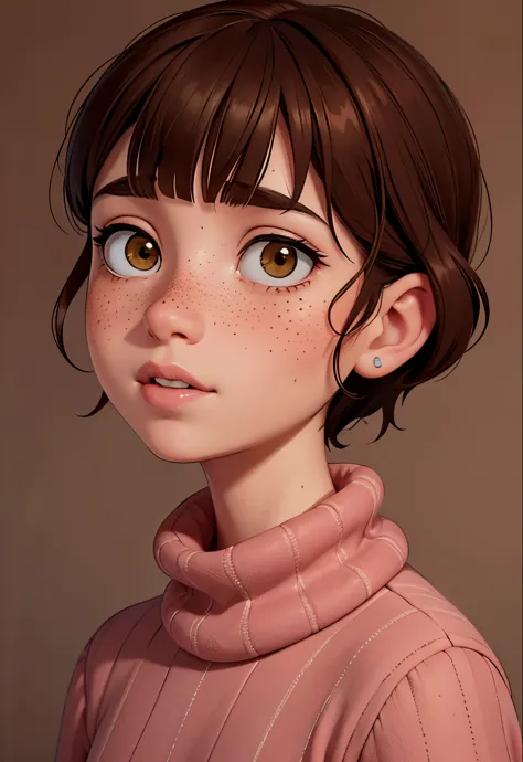 a woman with a pink turtle neck sweater and a brown background, soft freckles, rosy cheeks with freckles, light cute freckles, f...