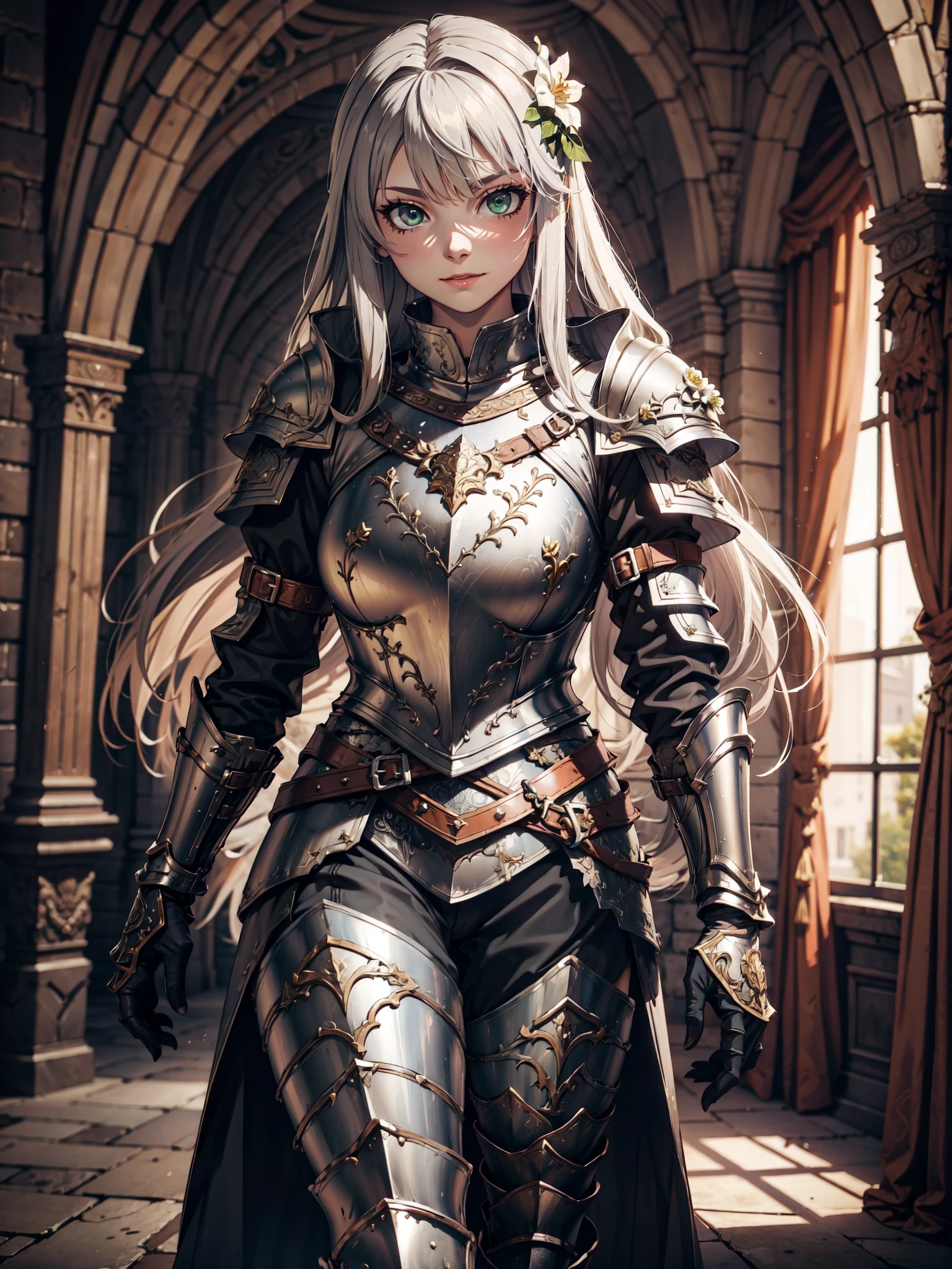 Ultra High Definition, Ultra High Quality, Hyper Definition, Hyper Quality, Hyper Detailed, Extremely Detailed, Perfectly Detailed, 8k, 1 Anime Female, Full Body, ((Long Silver Hair)), Noble Armor, ((Leg Armor, Armored Pants, Symmetric, Armored Boots)), Gloves, Solid Green Eyes, Cheerful Expression, White Flower Barrette, Armored With Full Coverage Noble Plate Armor, Leg Armor, Mansion Room Panoramic Background
