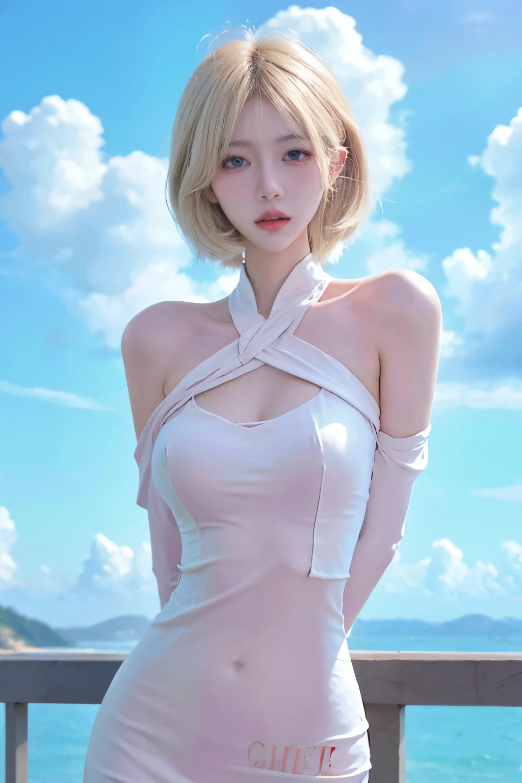 (high quality , Super detailed)goddess, Tempting, light blonde hair , transparent dress , in the windy sea, whole body, lustful makeup,prominent cleavage