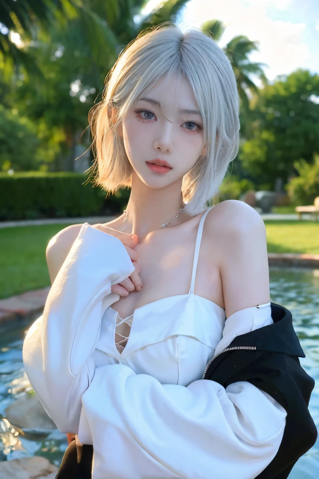 Beautiful woman with perfect body：1.4，layered hairstyle，prominent cleavage，Silver 2D costume：1.5，Highly detailed facial and skin textures，double eyelids，whiten skin，long white hair