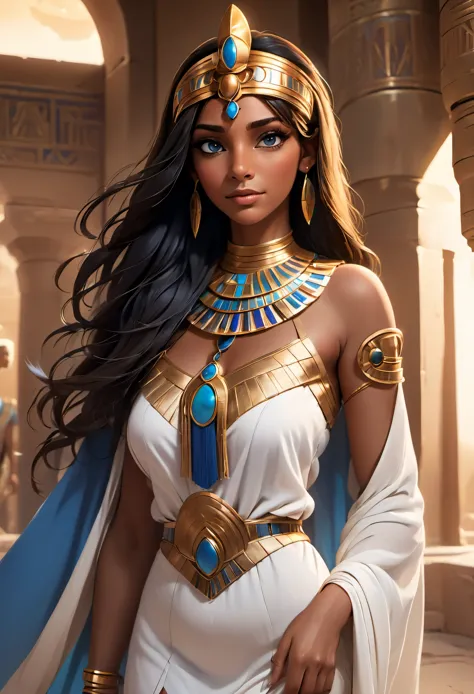 1girl, ancient egypt era, hair bangs, long hair, egyptian queen, tan skin, (brown skin), blue eyes, white egyptian dress, short ...