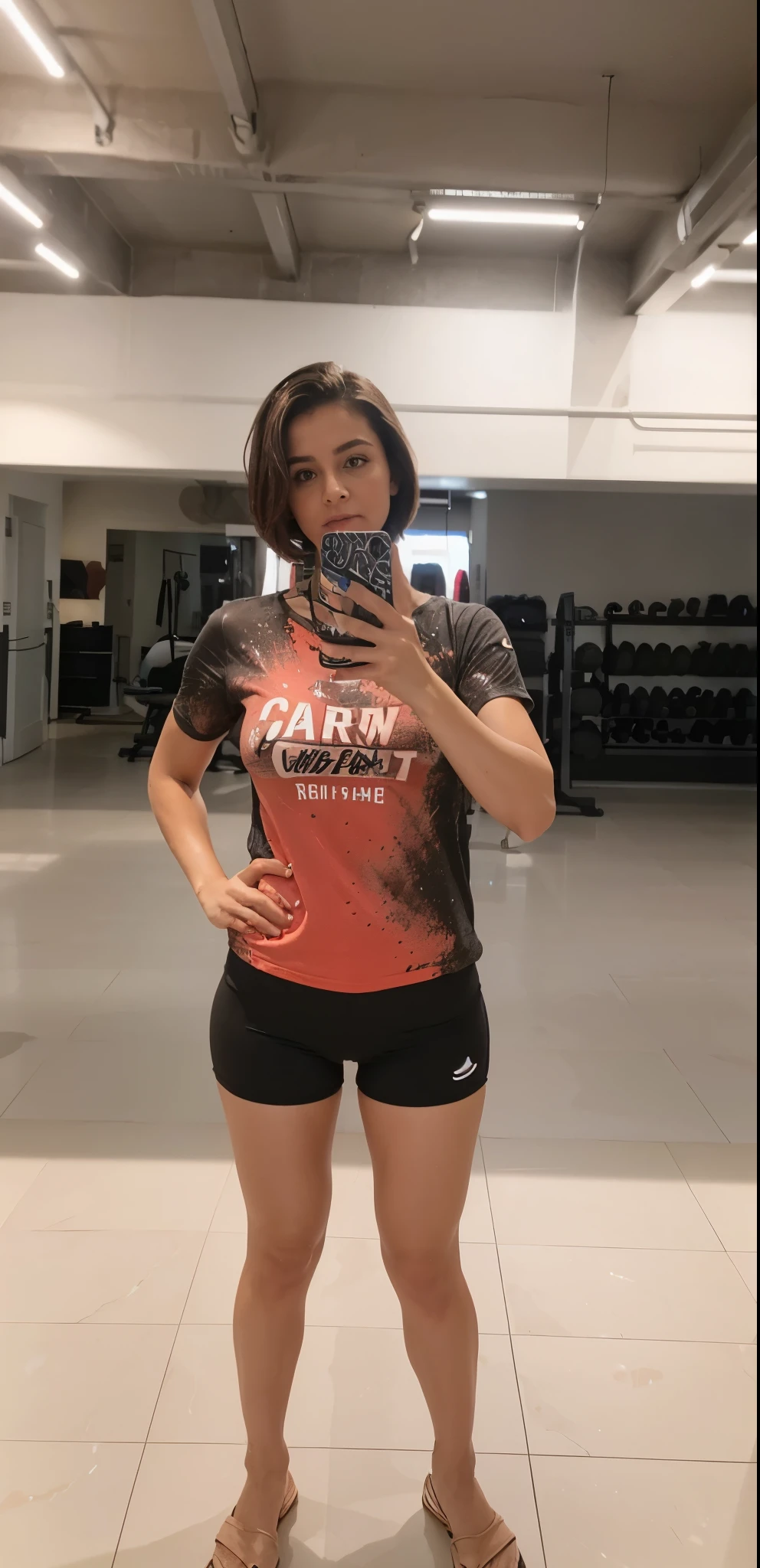 Arafed woman taking a selfie in a gym with a mirror - SeaArt AI