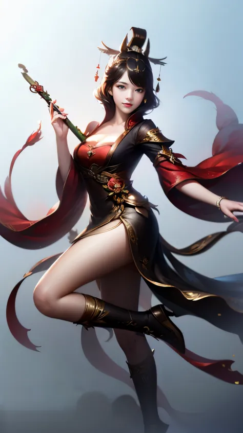 1 female, whole body, whole body立绘，whole body站立，slender legs，boots on feet，White background, Xianxia, Gorgeous red Hanfu, headge...