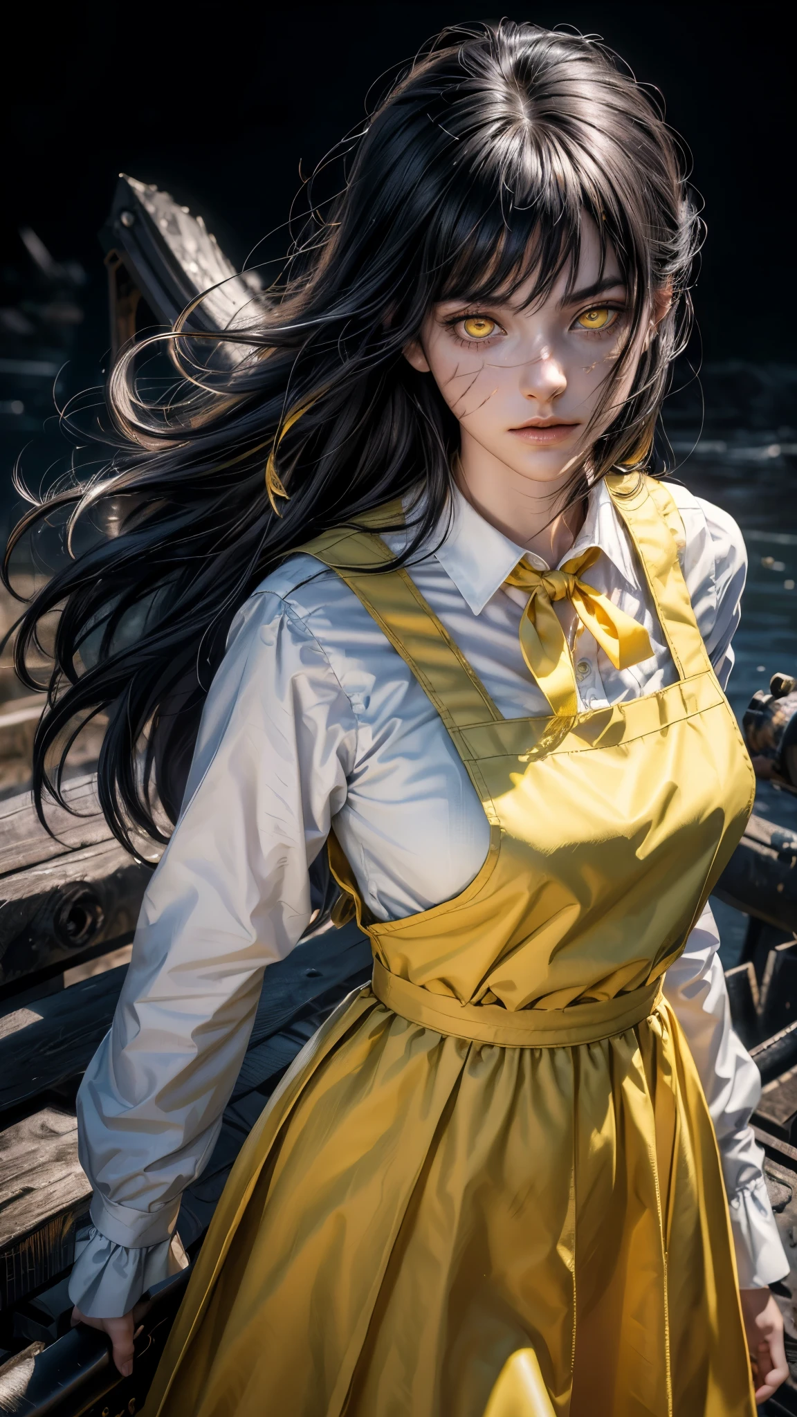 (realistic,photorealistic:1.5),1girl,yoru \(chainsaw man\),(school uniform, pinafore dress, shirt, neck ribbon, long sleeves:1.2),sidelighting,perfect illumination,chiaroscuro,Ultra-realistic 8k CG,masterpiece,raw photo,((ultra-detailed background, delicate pattern, intricate details)),best quality,very detailed face,extremely detailed eyes and face,extremely detailed eyes,enchanting gaze,otherworldly charm,(yellow eyes, ringed eyes:1.35),black hair,(looking at viewer, from below:1.1),close-up,depth of field,simple background,dark background,(world-weary face:1.4),asacsm,:d,Charming posture(,scar:1.3),idol,bright skin,