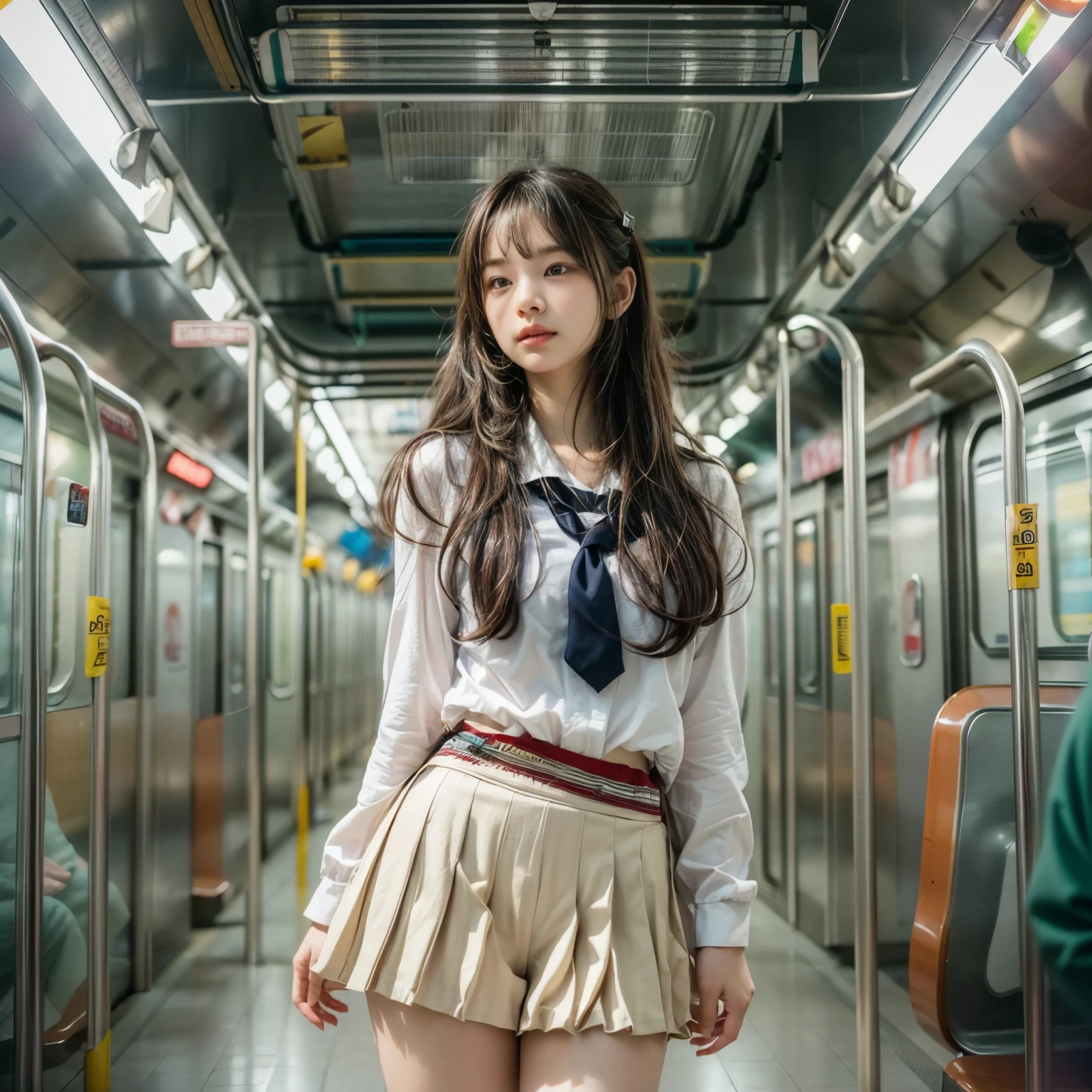 (realistic、Like a photograph、live action、8k, Photoreal, RAW photo, best image quality: 1.4), Single-lens reflex camera、RAW photo, highest quality, realistic, Highly detailed CG Unity 8k wallpaper, Depth of written boundary, cinematic light, Lens flare, ray tracing, realistic background、(school uniform:1.4、white shirt:1.1、best hip shot:1.4、pleated skirt、lift up the skirt、detailed lace panties)、((super dense skin))、 1 girl,cute japanese girl、((whole body:1.5)，(Touching the chest from behind:1.37、My butt is touched、molestation)、Looking back at the audience:1.1、embarrassed look、random hairstyle:1.2、i like the style、pay attention to details、long hair、perfect costume、(white skin)、beautiful feet:1.1，Standing in the subway