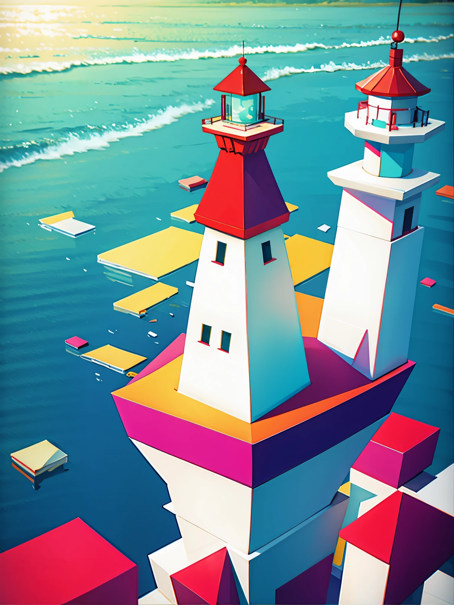 geometric art, light house, ocean, island, colorful, glitch, high detail, anime, Surrealism, cinematic lighting, god rays, glowing light, ray tracing, reflection light, bokeh, UHD, masterpiece, ccurate, highres, 8k