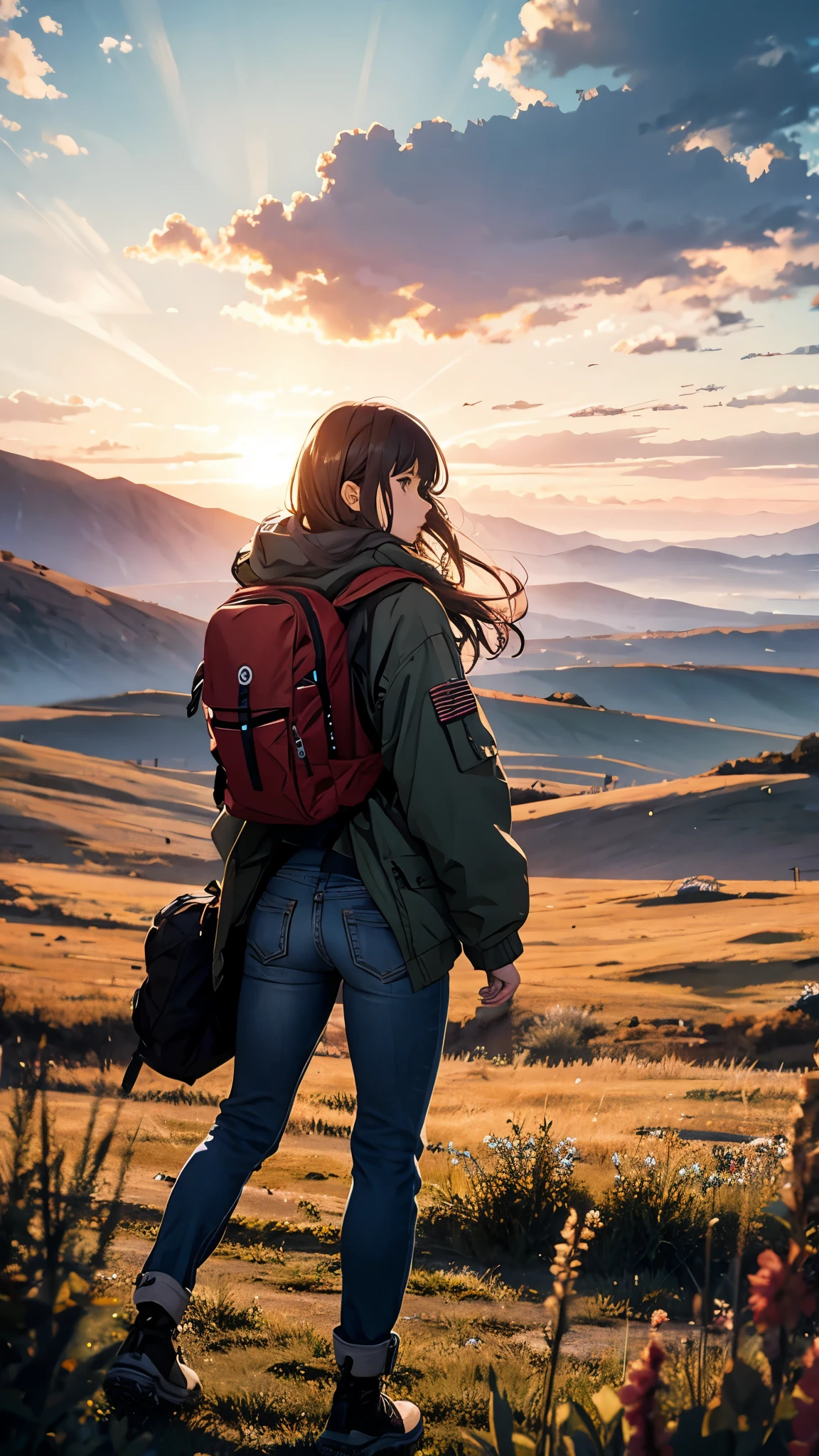 The vast sky, beautiful skyline, large grasslands, extremely tense and dramatic pictures, moving visual effects, the high-hanging Polaris, depth of field, and colorful natural light. rugged jacket, jeans, and a girl with a backpack in centre of frame.