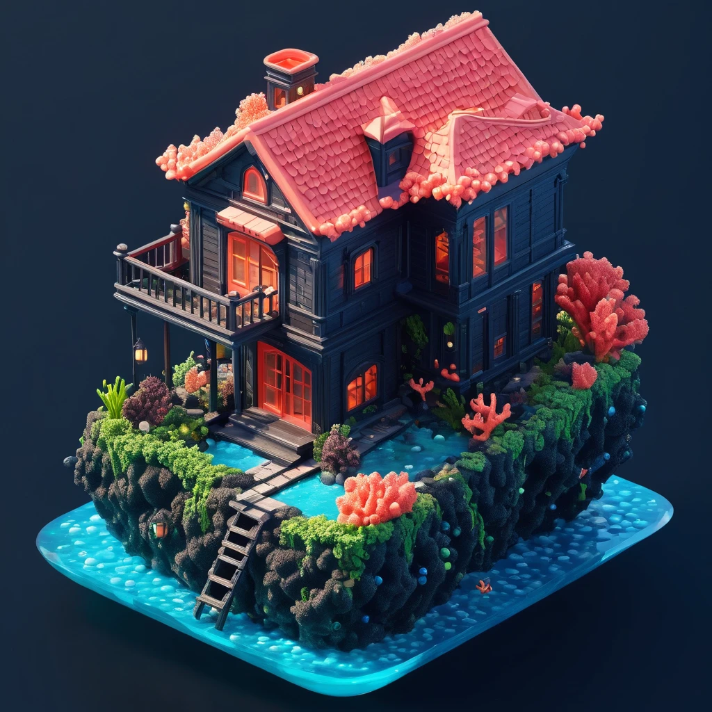 Isometric, a house made of coral, dark fantasy, oceancore, sea bubbles, high quality, hyperdetalization